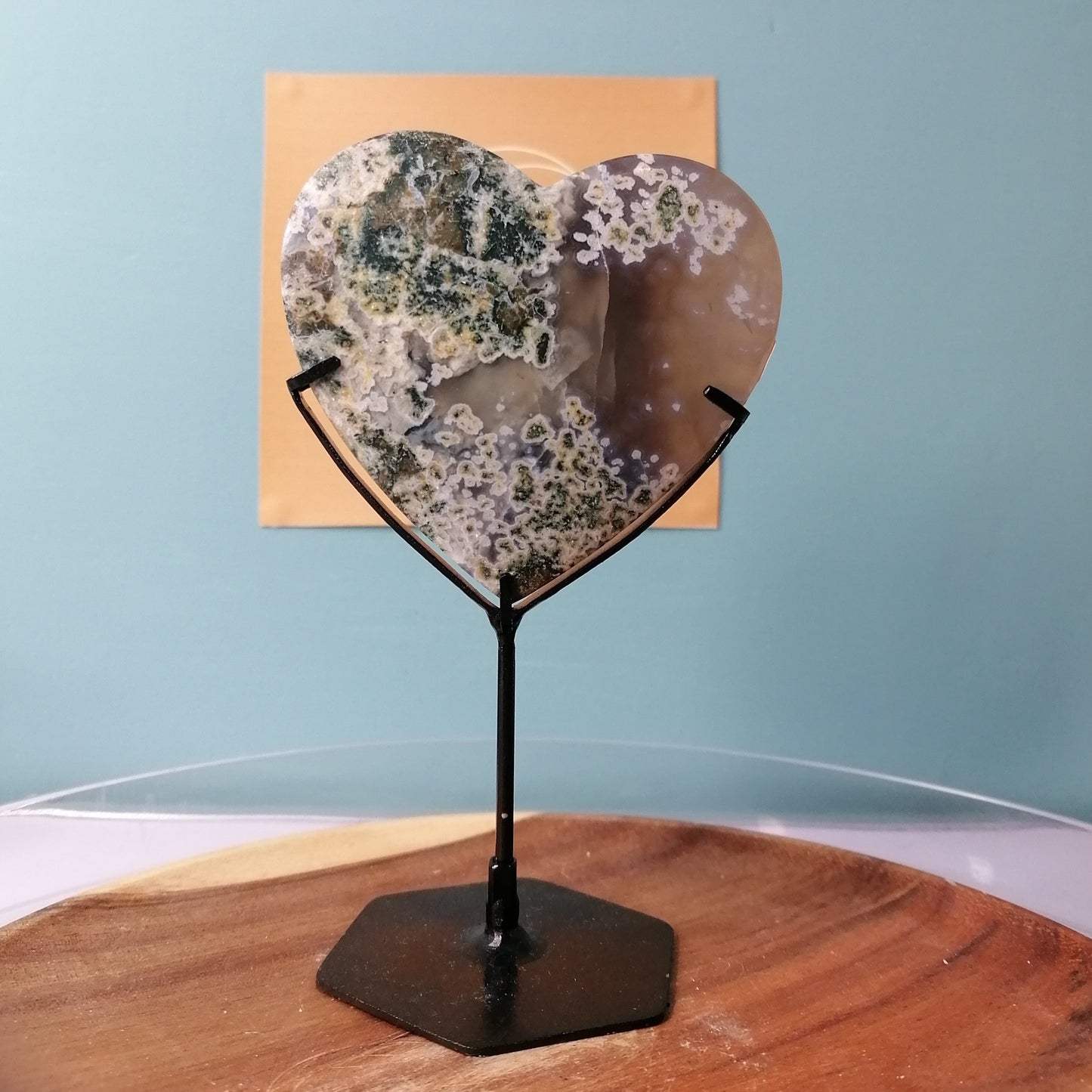 Large grey and green moss agate heart on stand