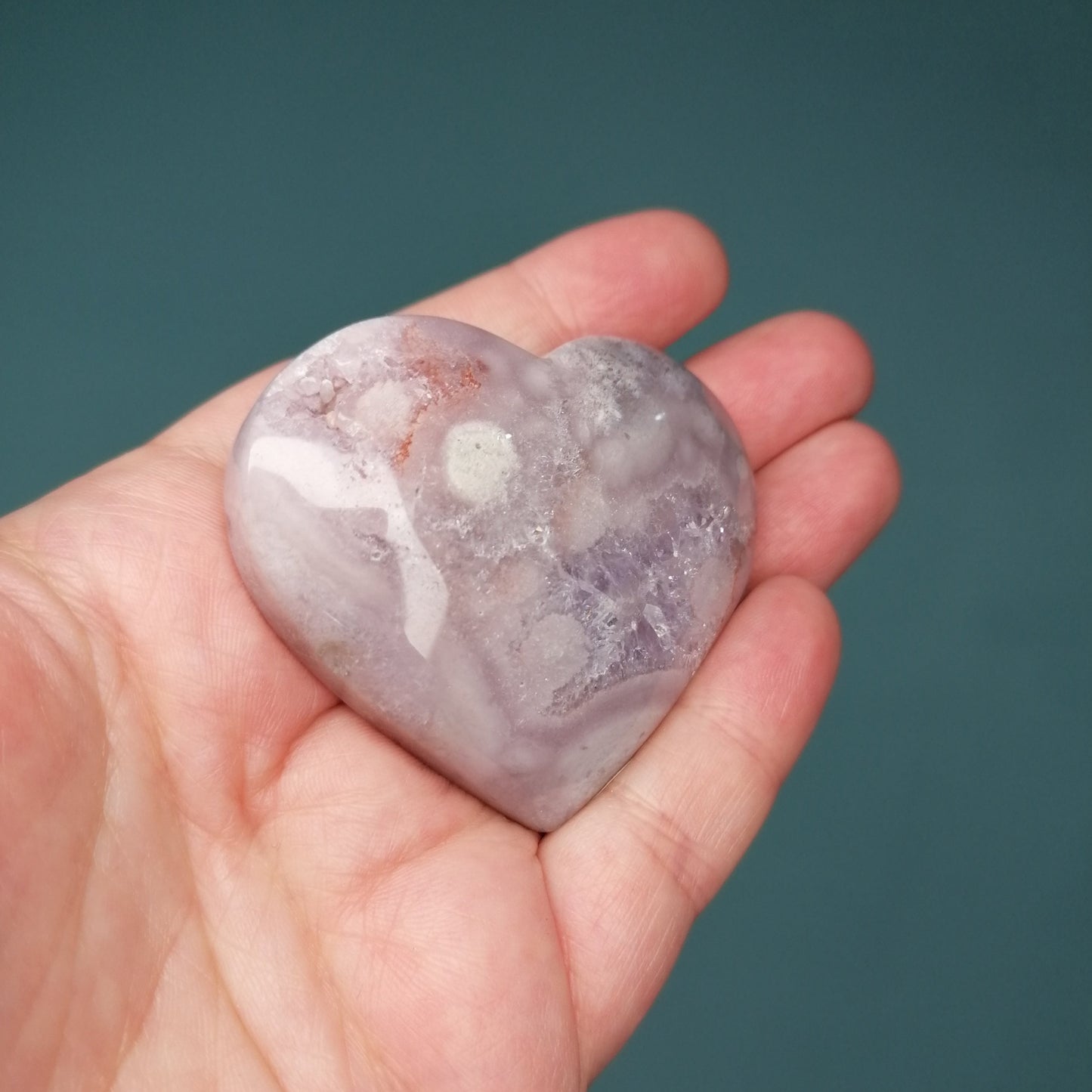 Lilac purple pink amethyst heart with deep red and clear quartz banding 