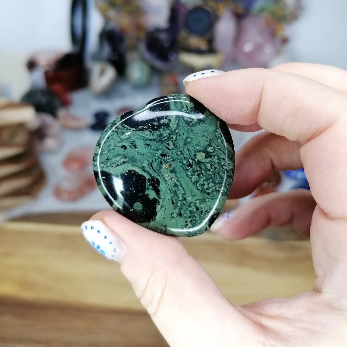 Green and black kambaba jasper heart shaped worry stone