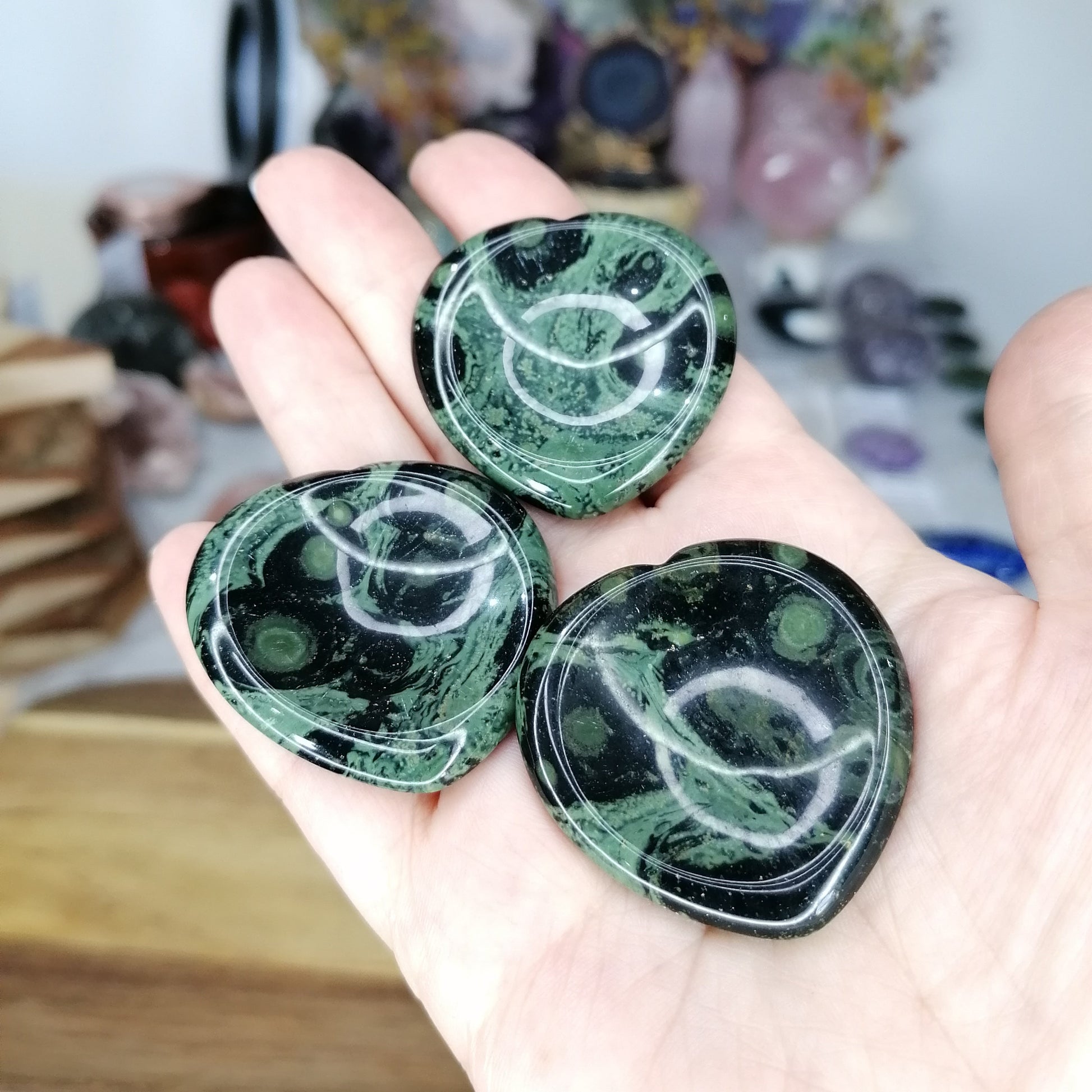 Green and Black pattern Kambaba Jasper Heart shaped thumb stones
