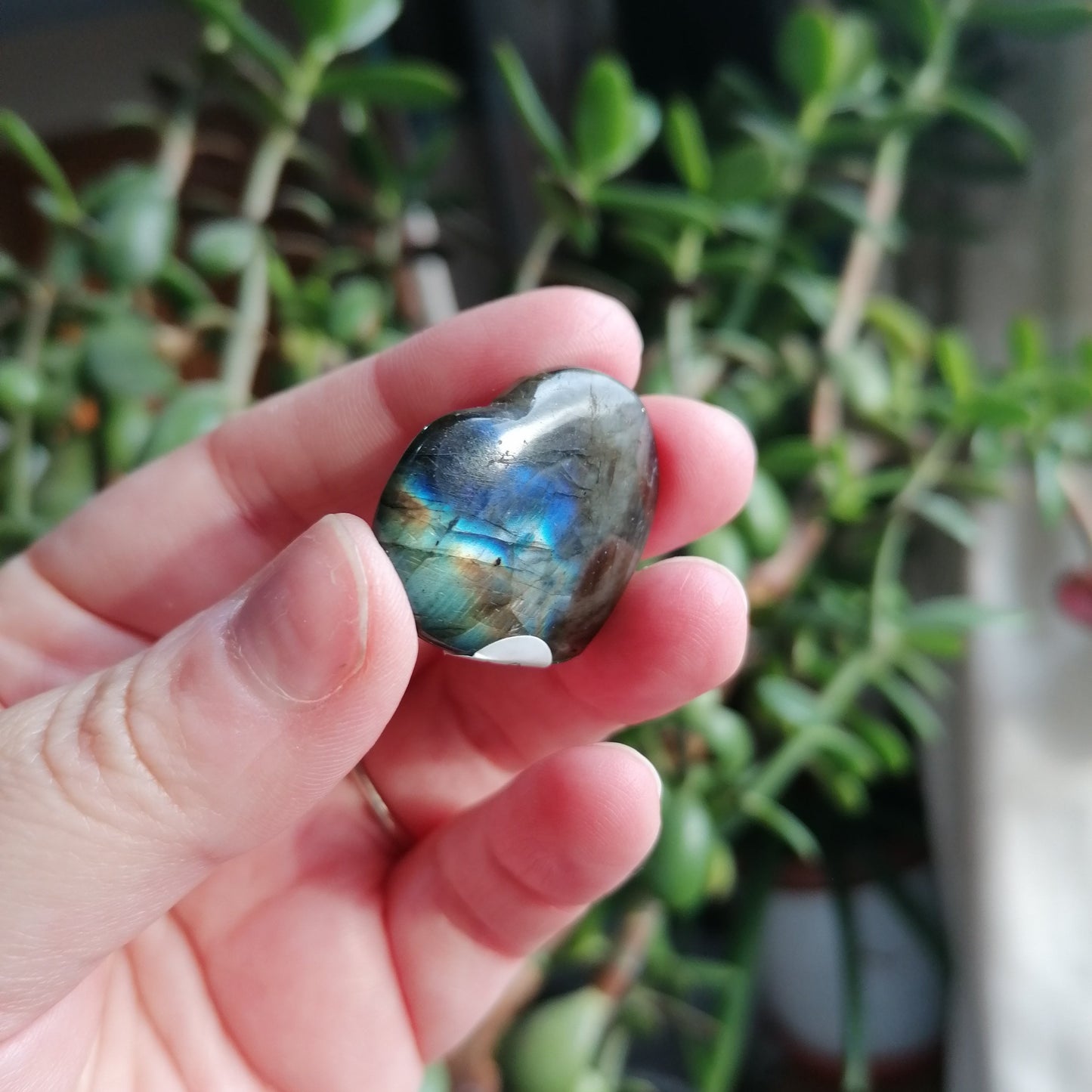 Labradorite Crystal Heart with Dark Blue, yellow and orange flash