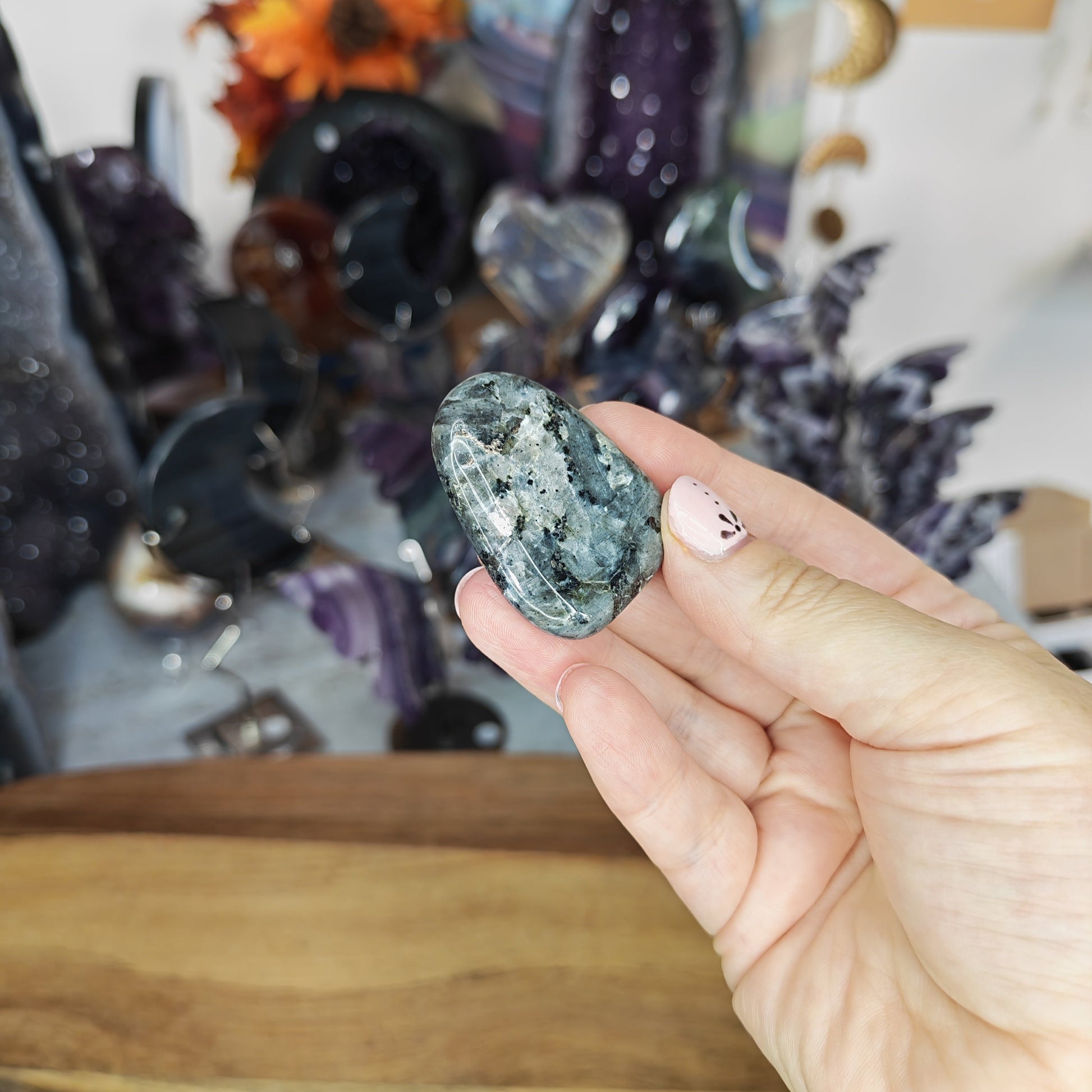 Grey Larvikite Flat Stone with Silver Flash