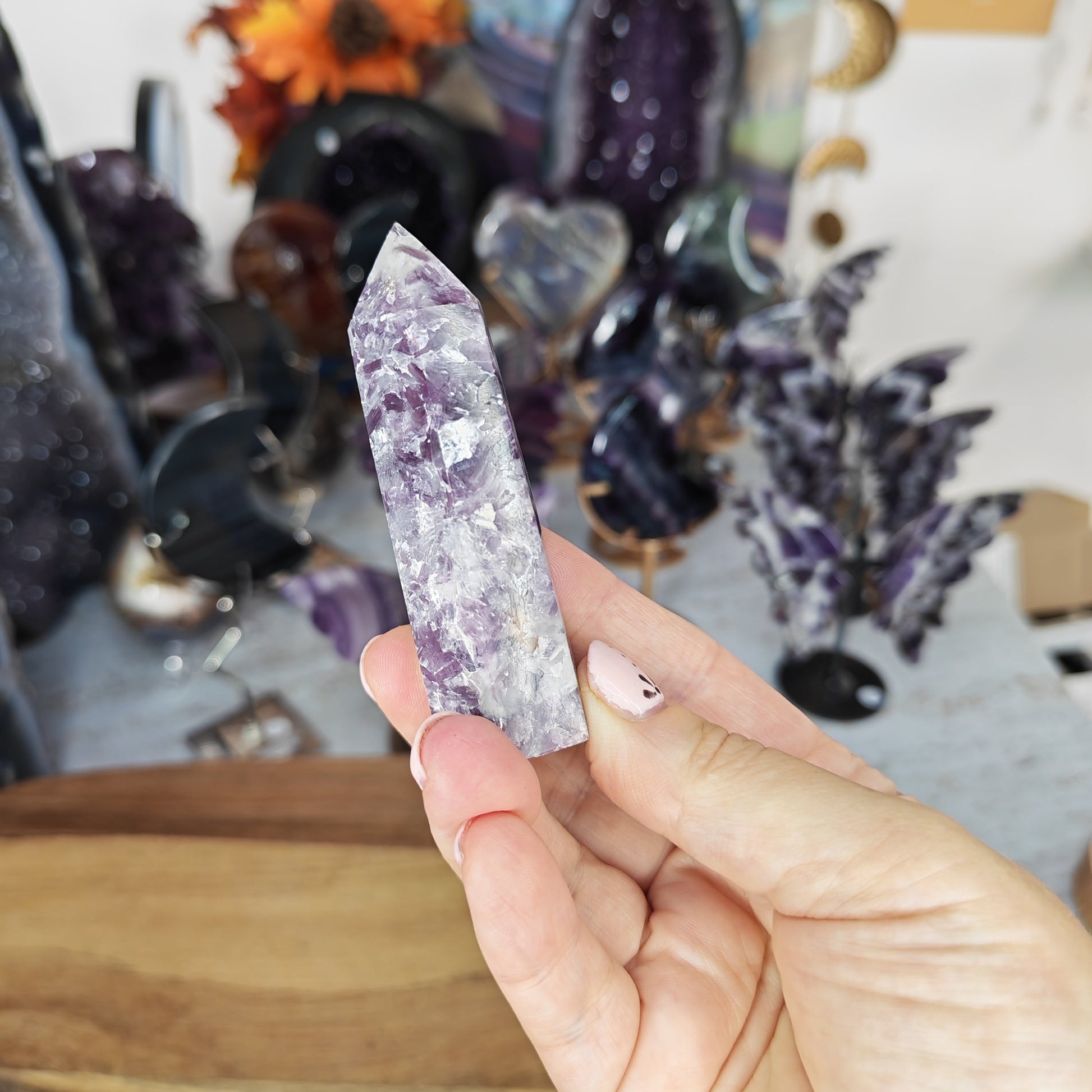 Purple Lepidolite Tower with Silver Mica Flash