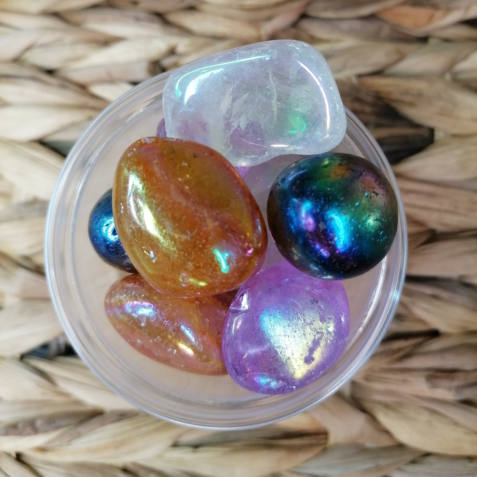 Mixed colour Aura Tumbles, Purple, Blue, Orange and White all with an aura rainbow flash