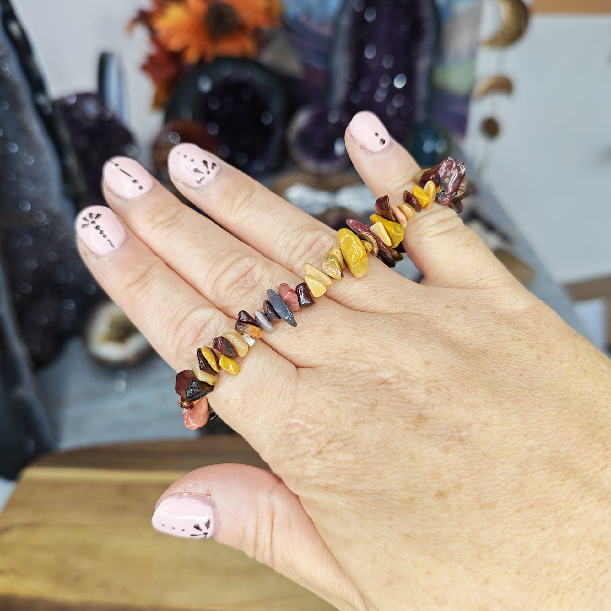 Yellow and Red Mookaite Crystal Chip Bracelet