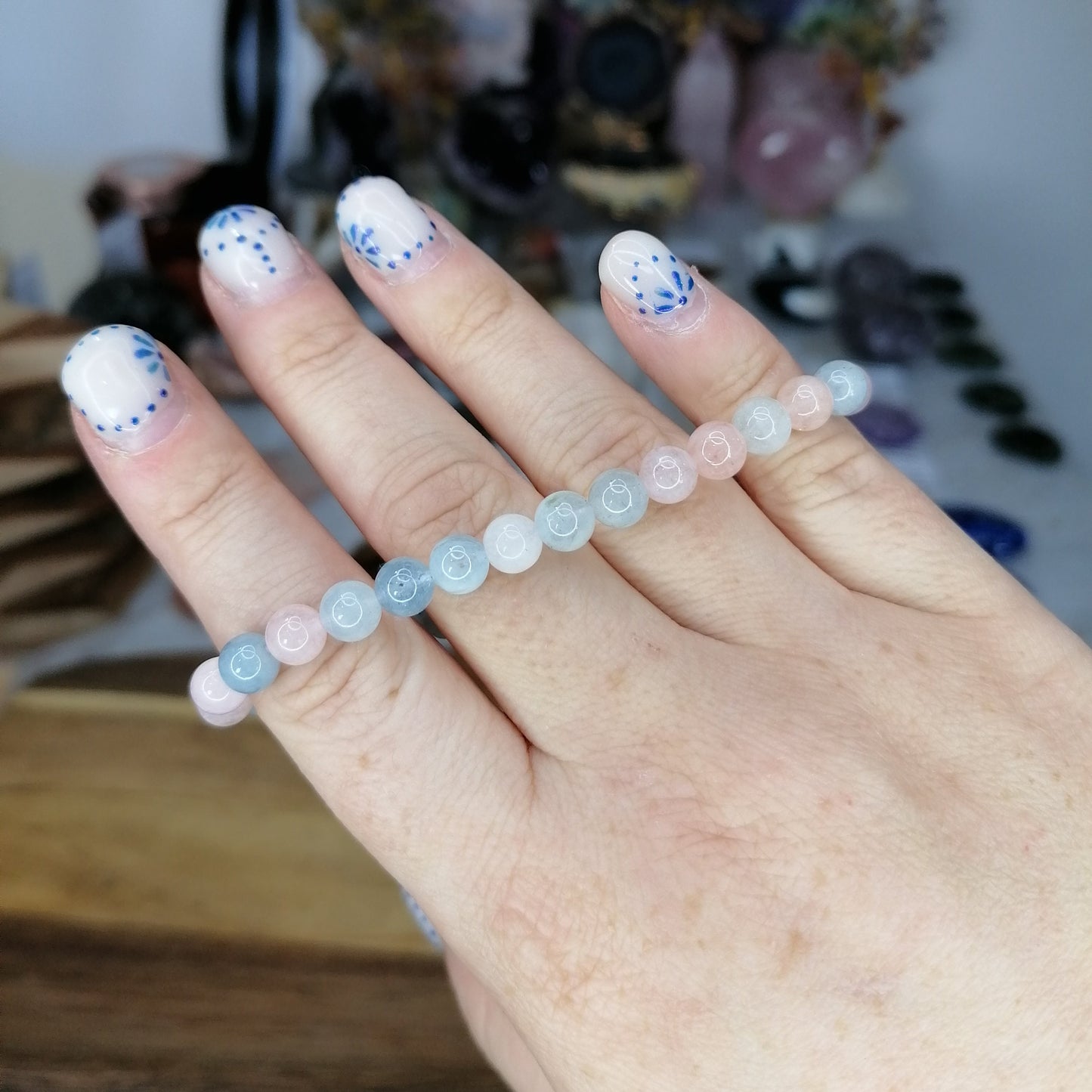 blue, yellow and pink morganite 6mm bead bracelet, high grade and rare