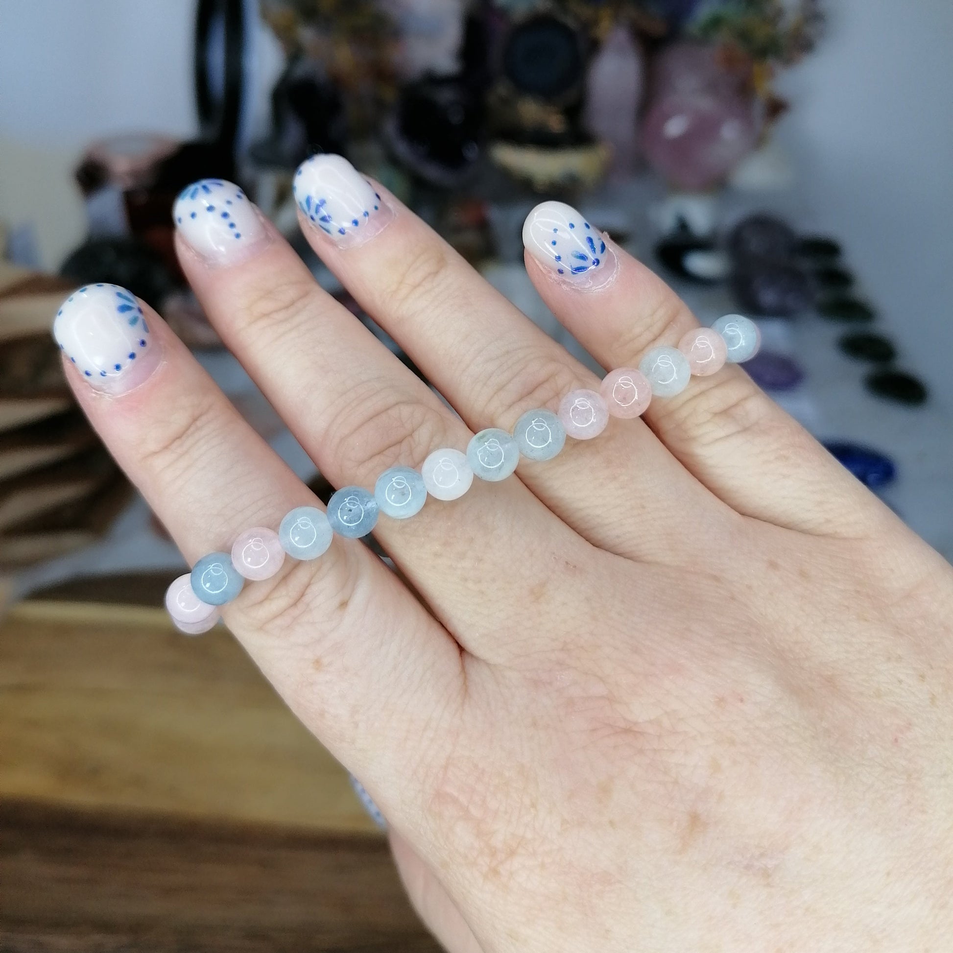 blue, yellow and pink morganite 6mm bead bracelet, high grade and rare