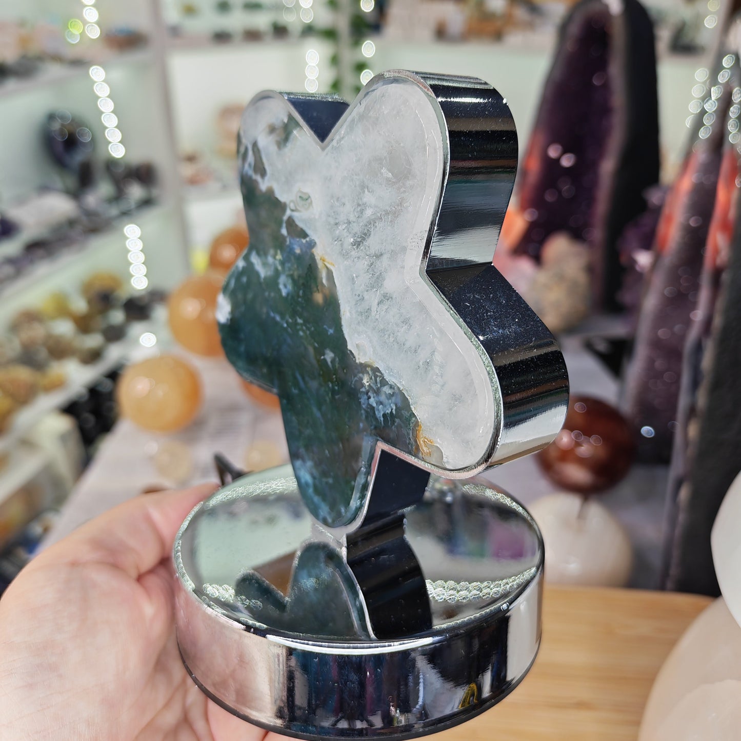 Green And White Moss Agate Crystal Flower Lamp