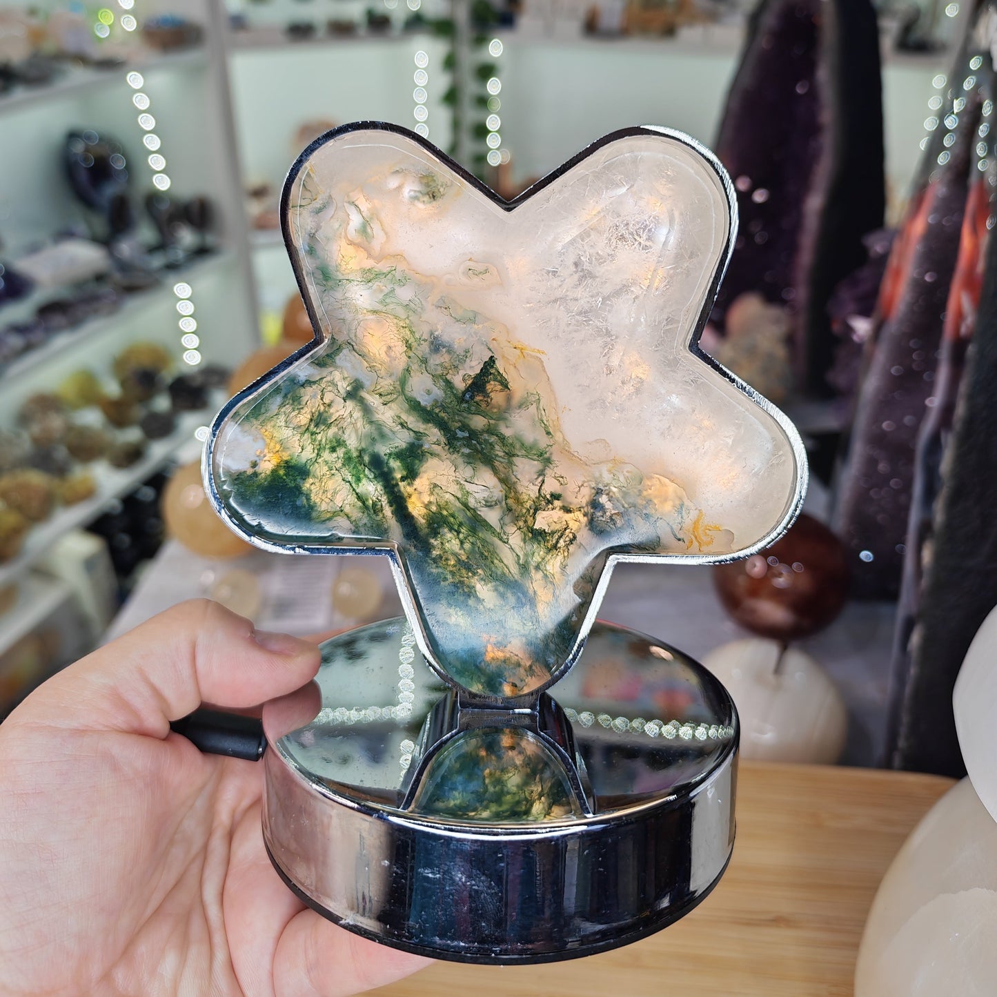 Green and White Moss Agate Crystal Flower Light