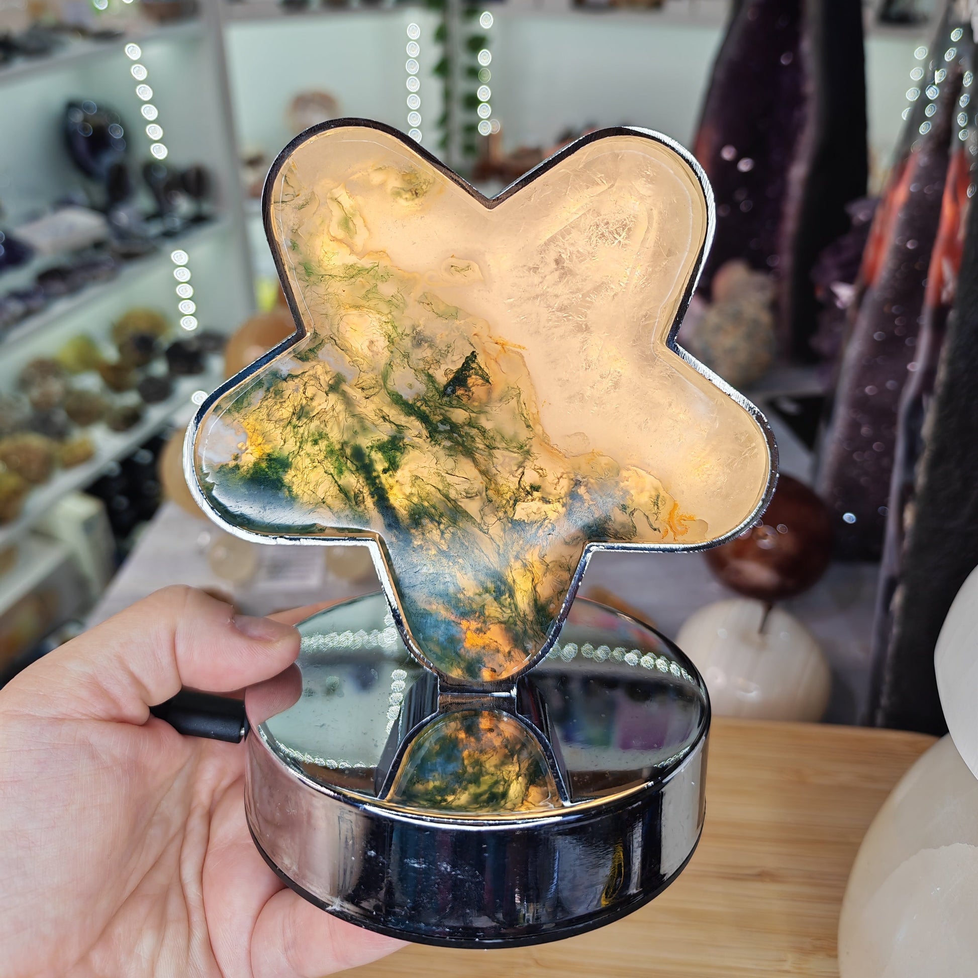 Green and White Moss Agate Crystal Light