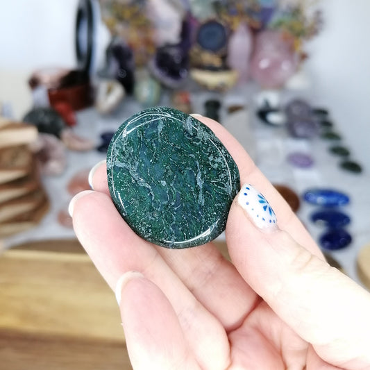 Green and blue moss agate worry stone
