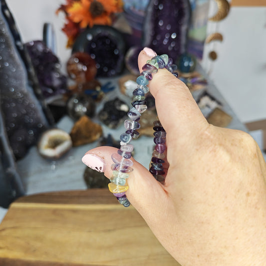 Natural Purple and Green Fluorite Crystal Chip Bracelet