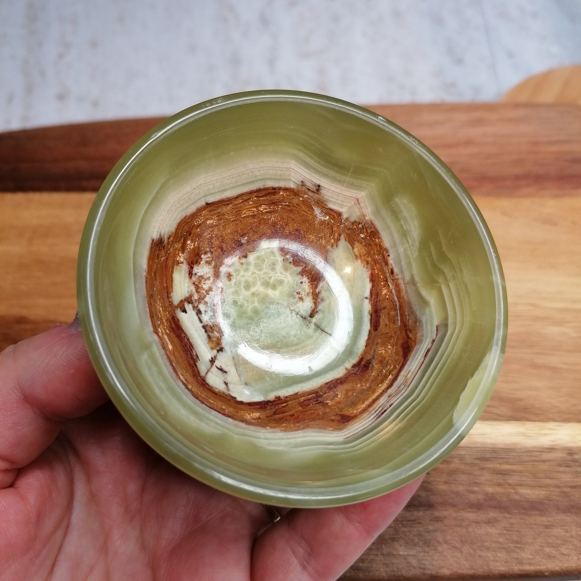 Green and Brown Pistachio Calcite Crystal Bowl with rich green and brown banding