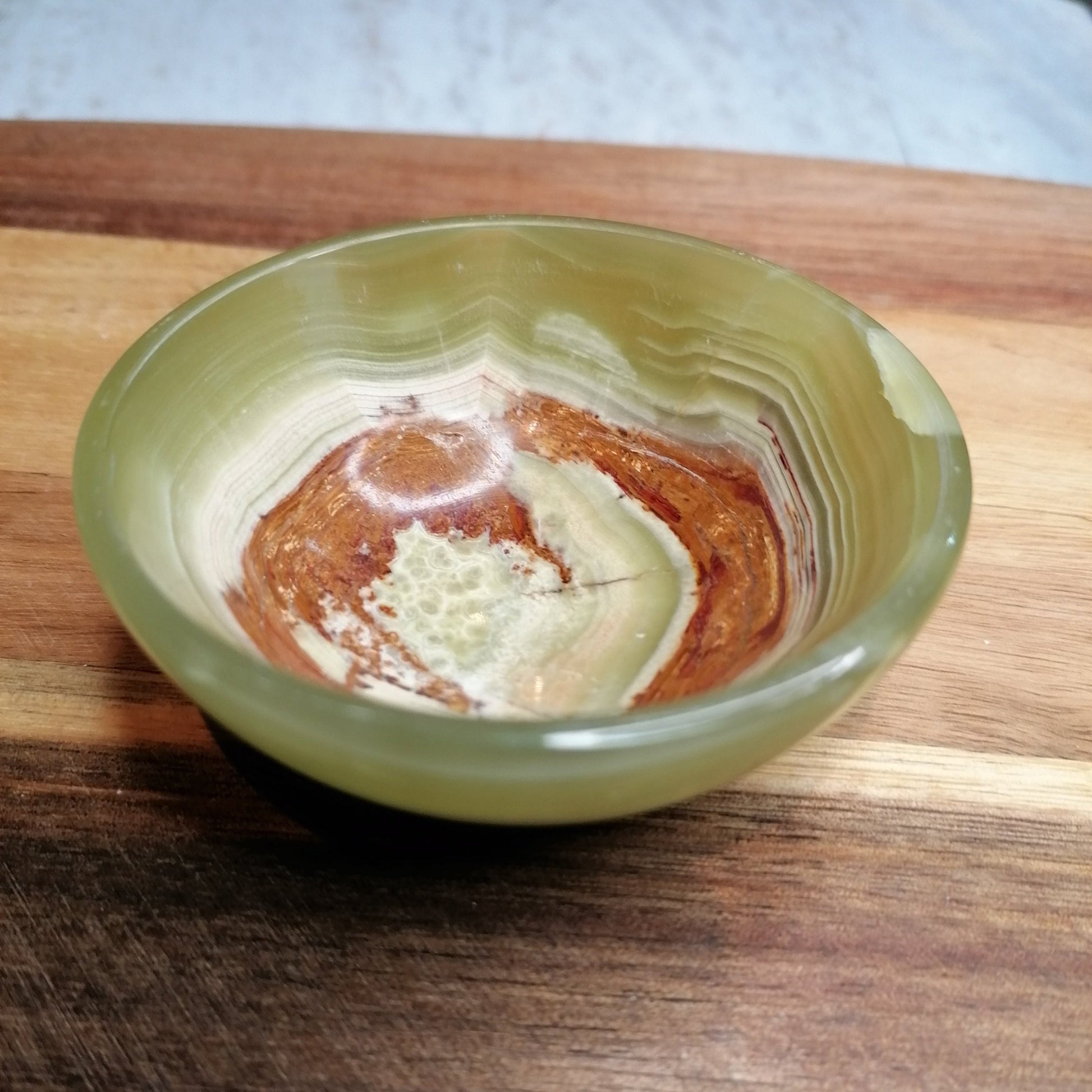 High Quality Pistachio Calcite Crystal Bowl with vibrant green and brown banding