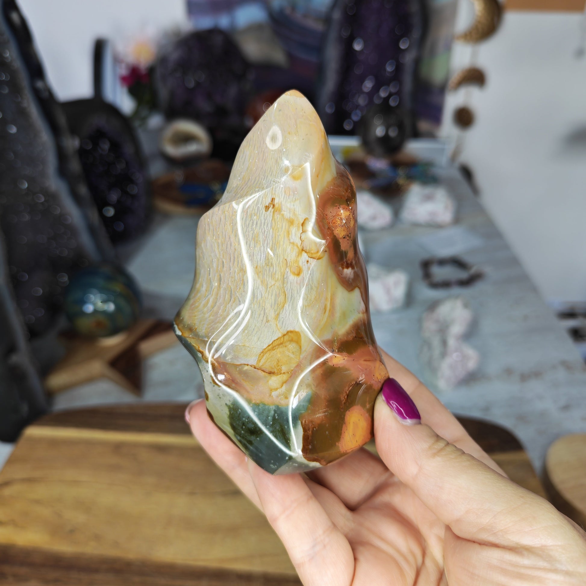 Polychrome Jasper Flame with blue, burgundy and brown tones