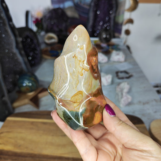 Polychrome Jasper Flame with blue, burgundy and brown tones