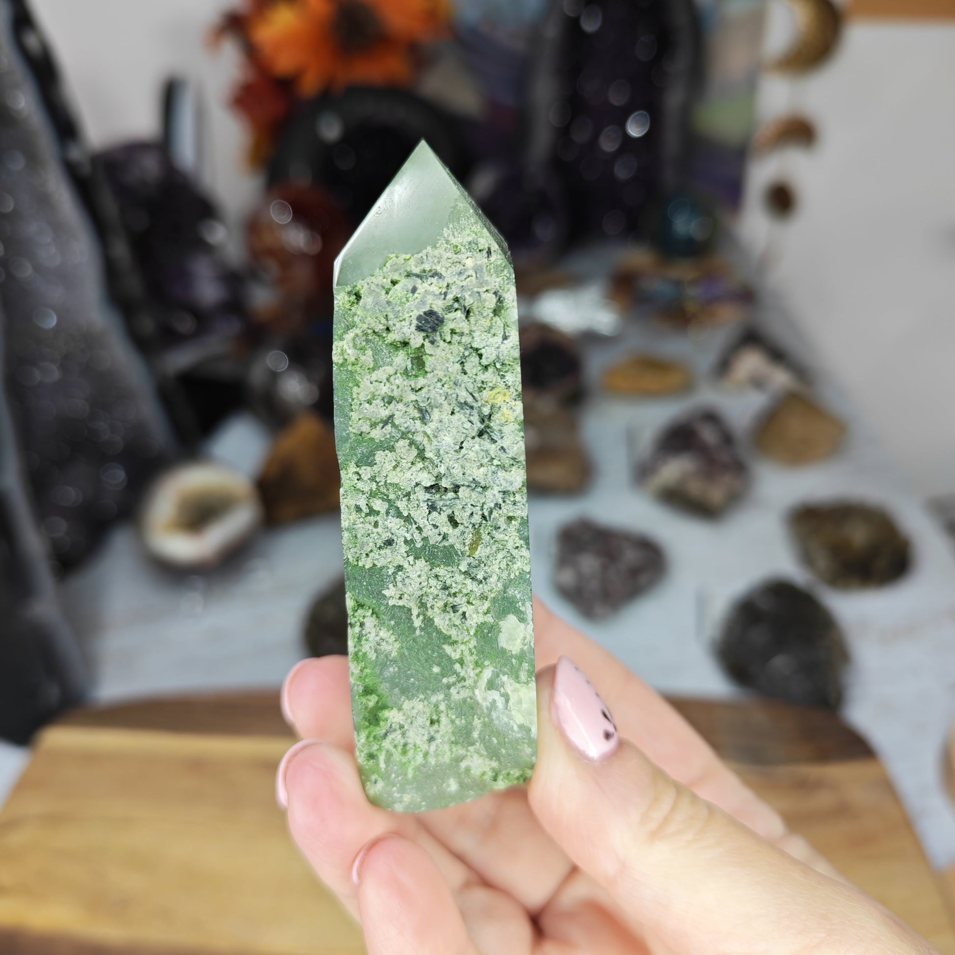 Green and Black Prehnite Tower with raw side