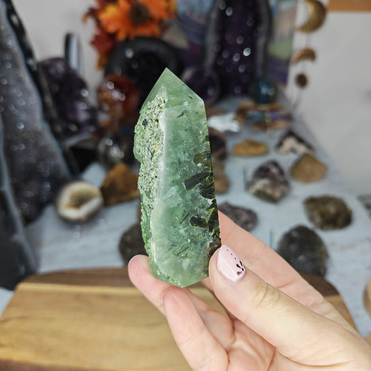 Green Prehnite Tower with Black Tourmaline inclusions