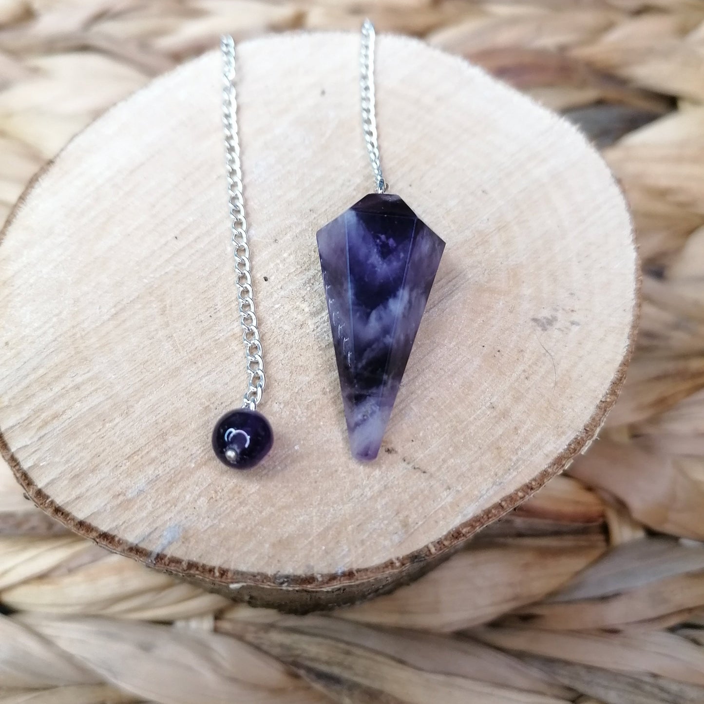 Purple Amethyst Pendulum with silver coated chain and amethyst bead