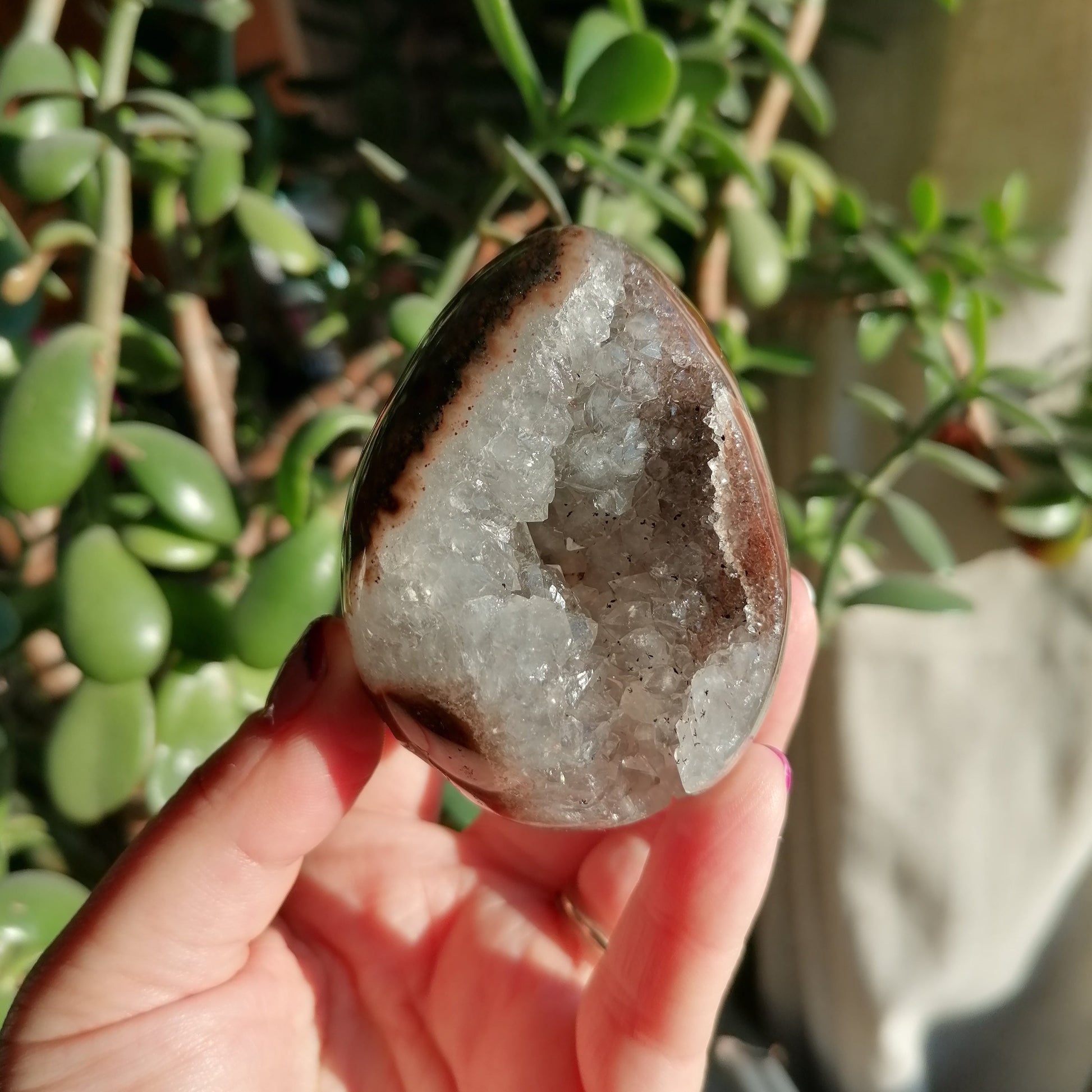 White Quartz Agate egg with quartz druzy and pink and grey agate banding
