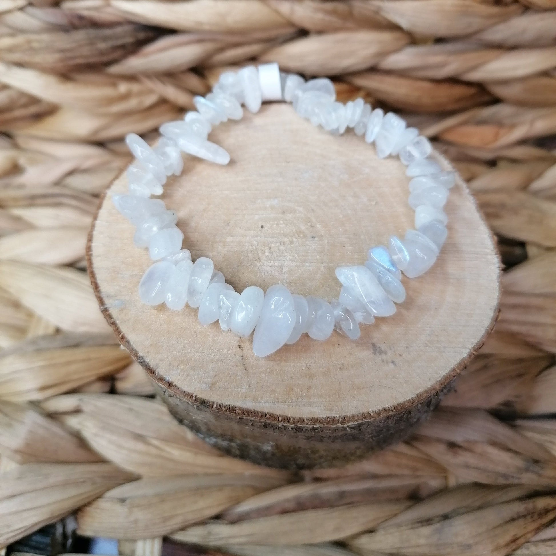 White Rainbow moonstone chip bracelet with a blue flash