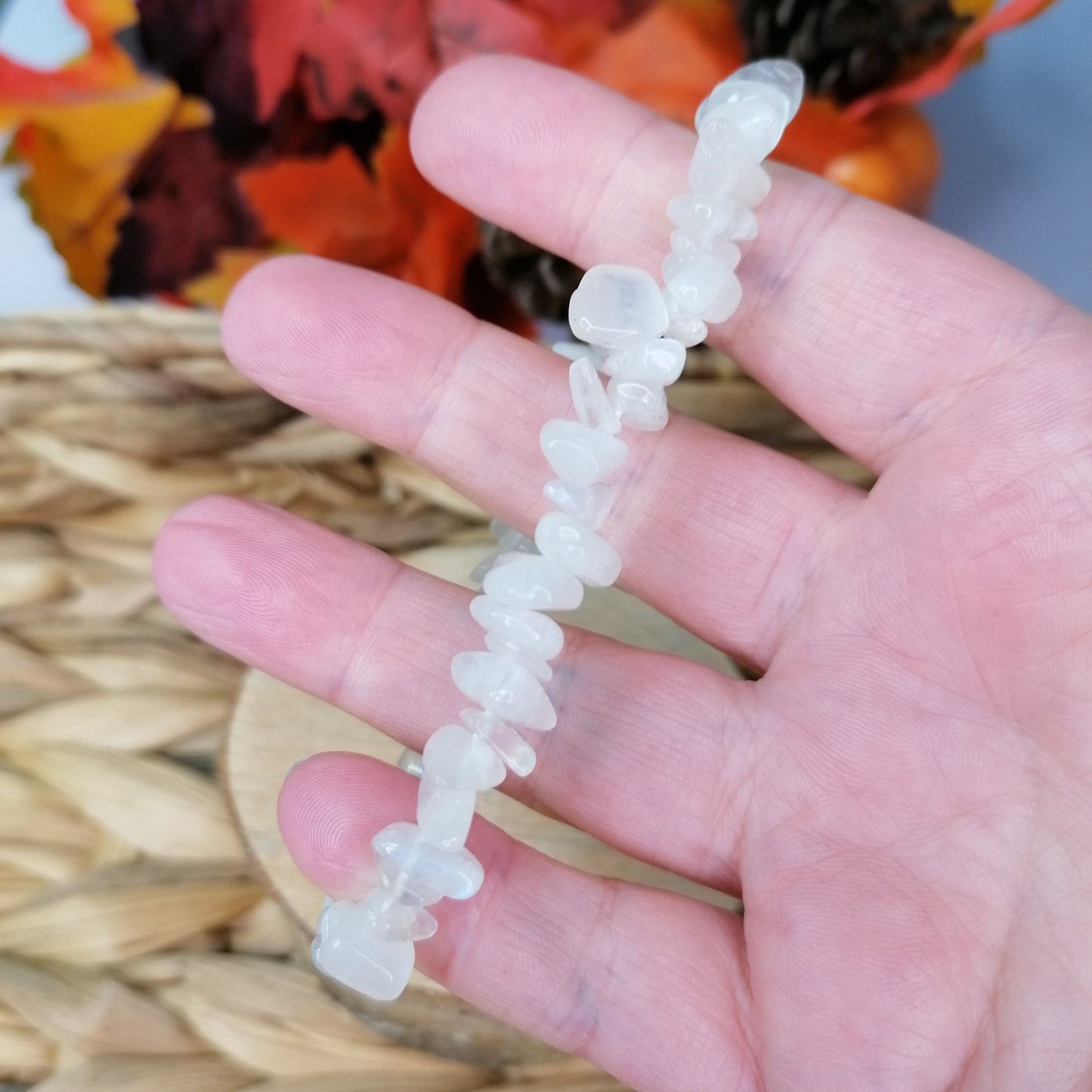 white moonstone chip bracelet with a blue flash