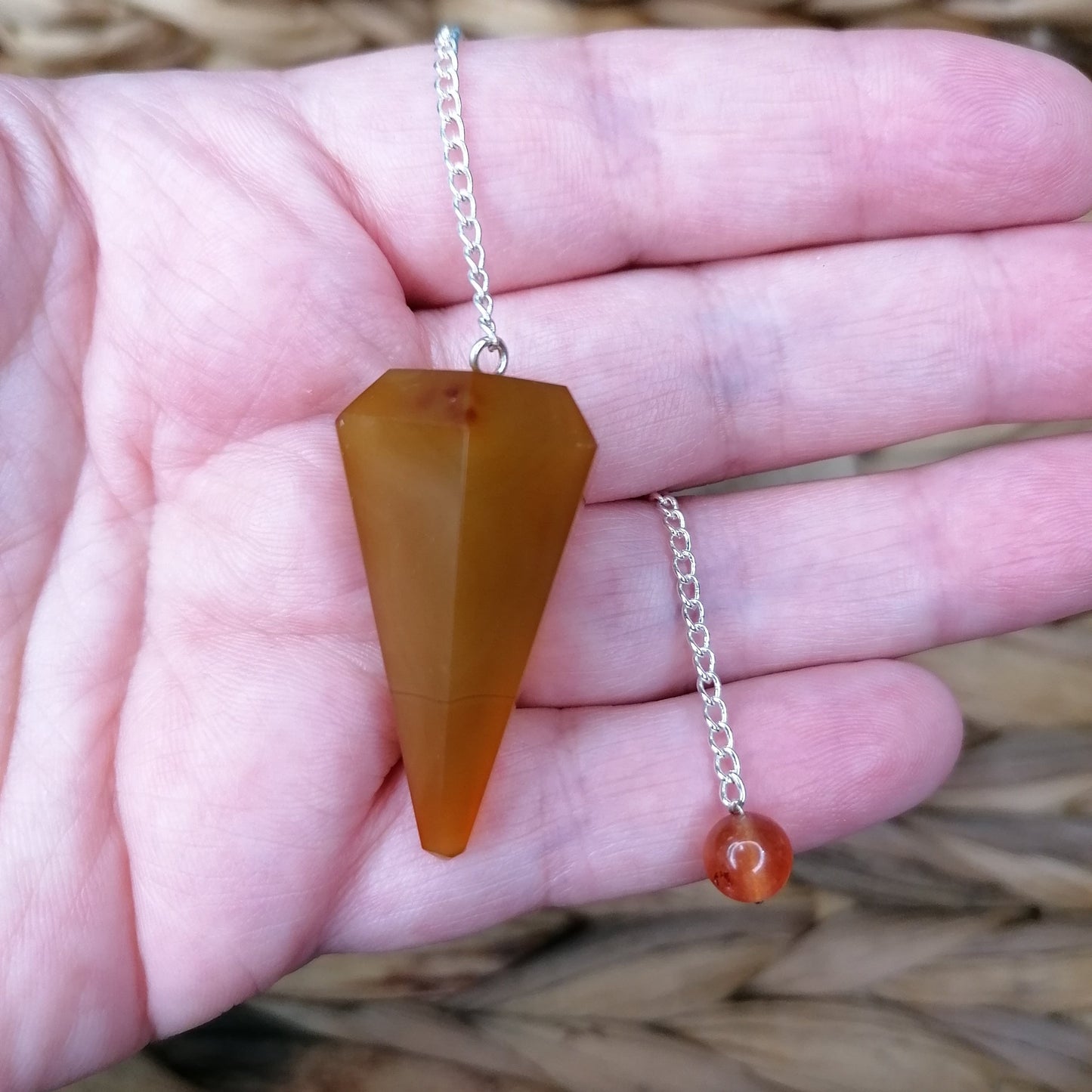 Red Orange Carnelian pendulum with silver chain and carnelian crystal bead