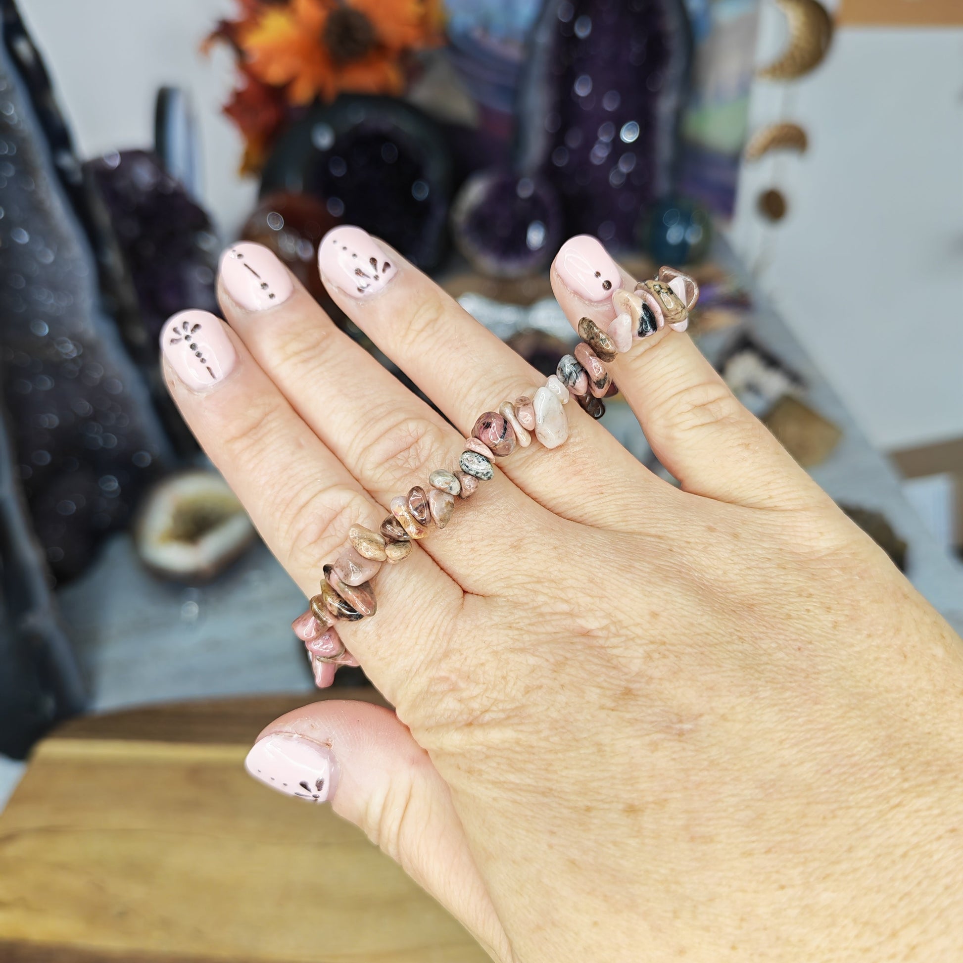 Pink Rhodonite Crystal Chip Bracelet