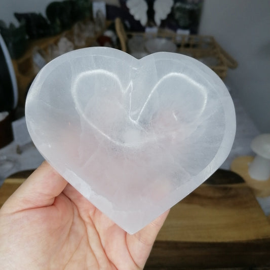 large white selenite heart crystal bowl