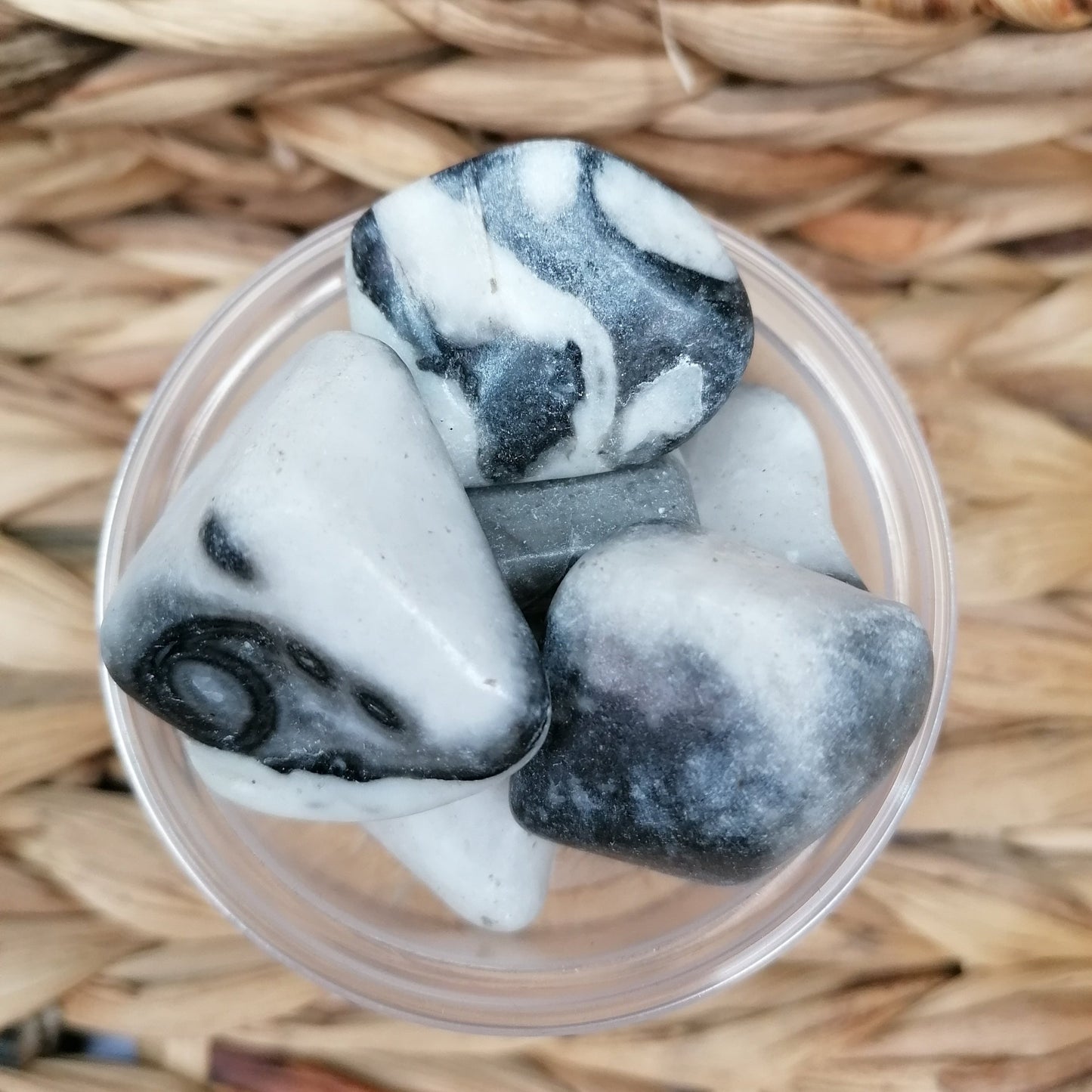 Black grey and white shell jasper tumble stones