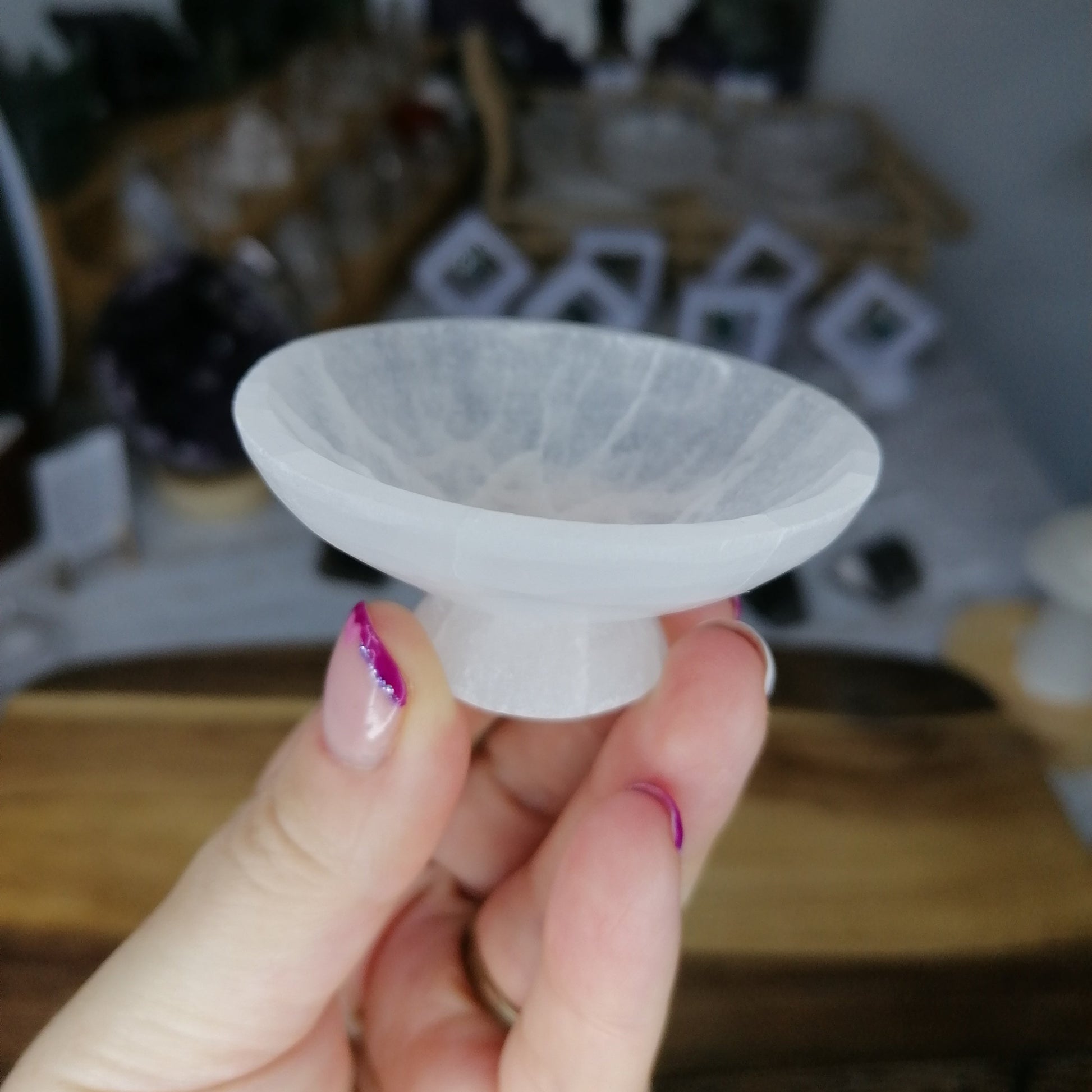 small white selenite circle bowl with base