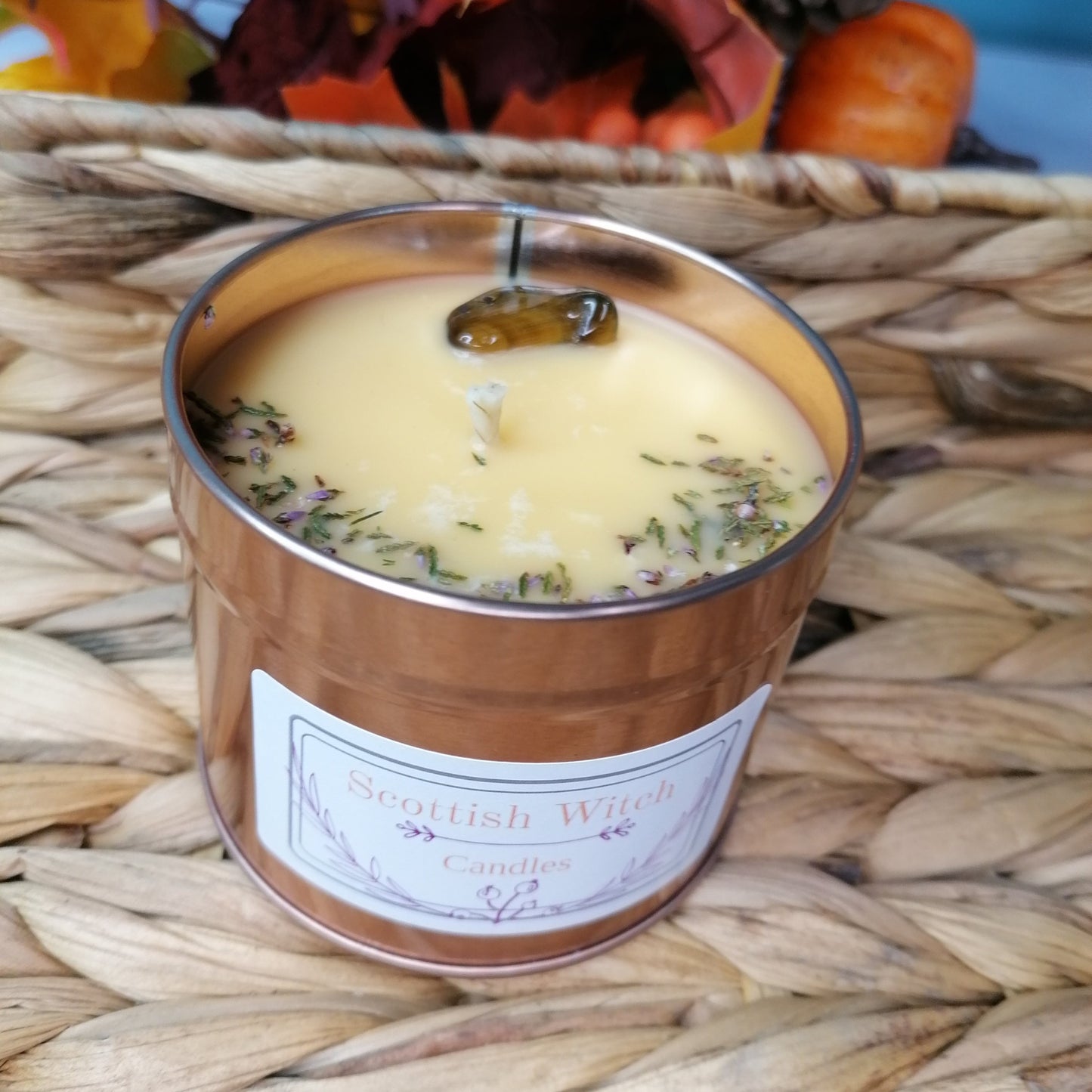 Spiced Orange Candle with Tigers Eye Crystal and scottish heather decoration