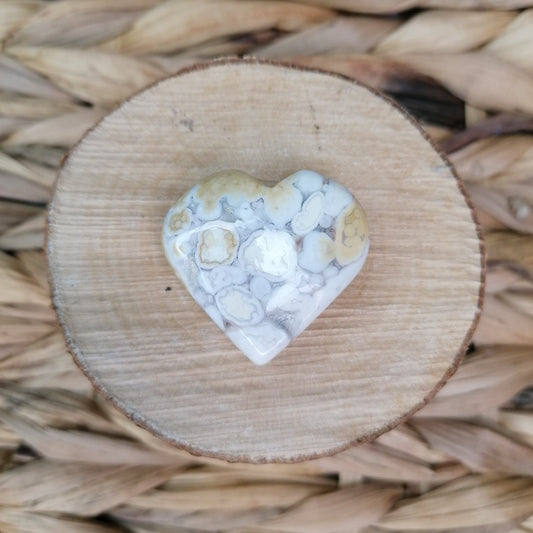 Cream and white spotted agate puff crystal heart