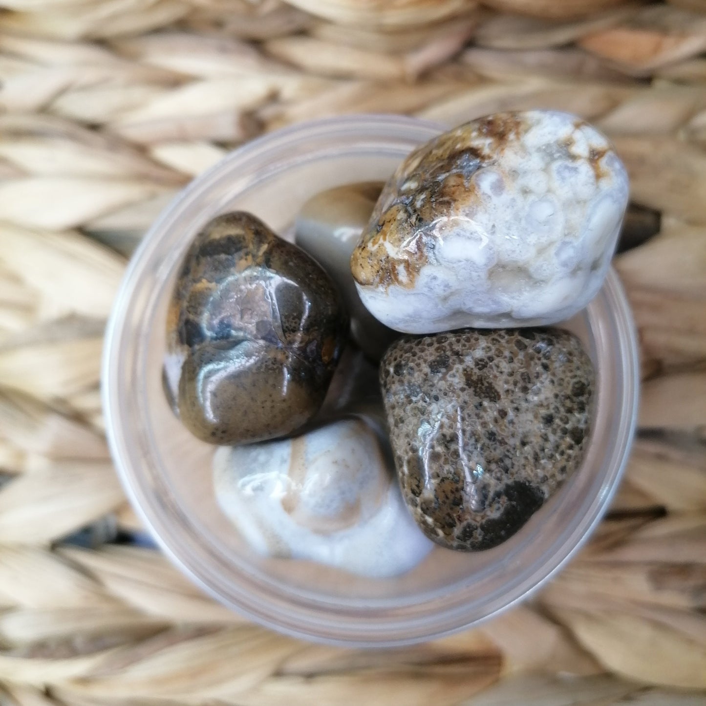 Brown and white spotted agate tumblestones