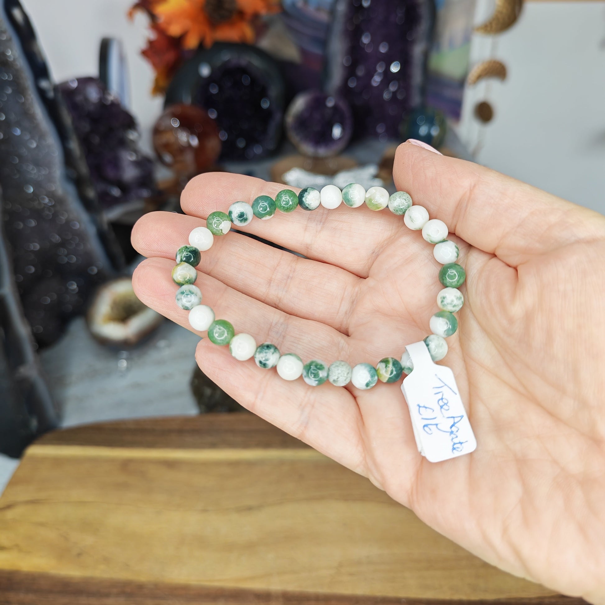 Green and White Tree Agate 6mm Bead Bracelet High Grade