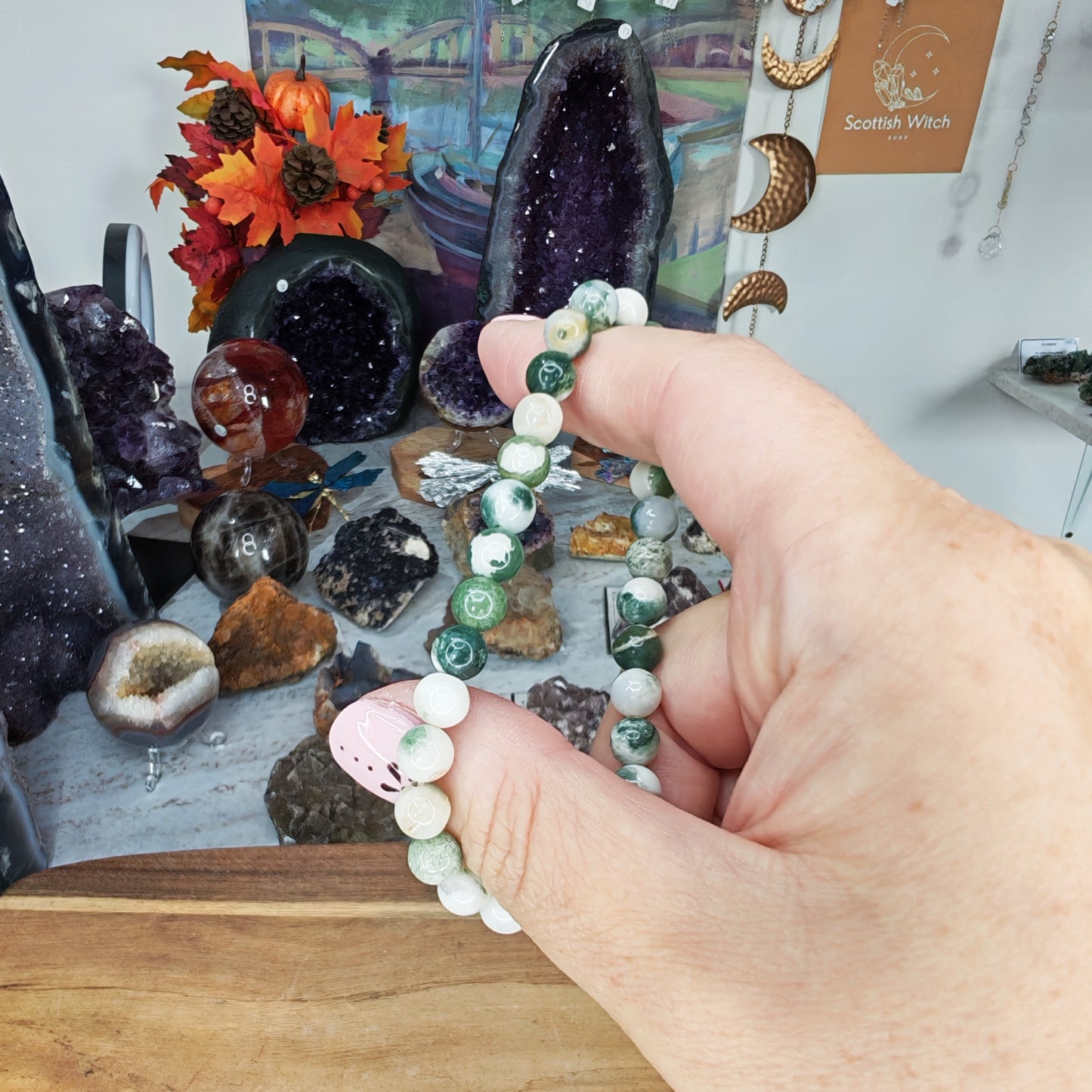 Green and White Tree Agate Beaded Bracelet