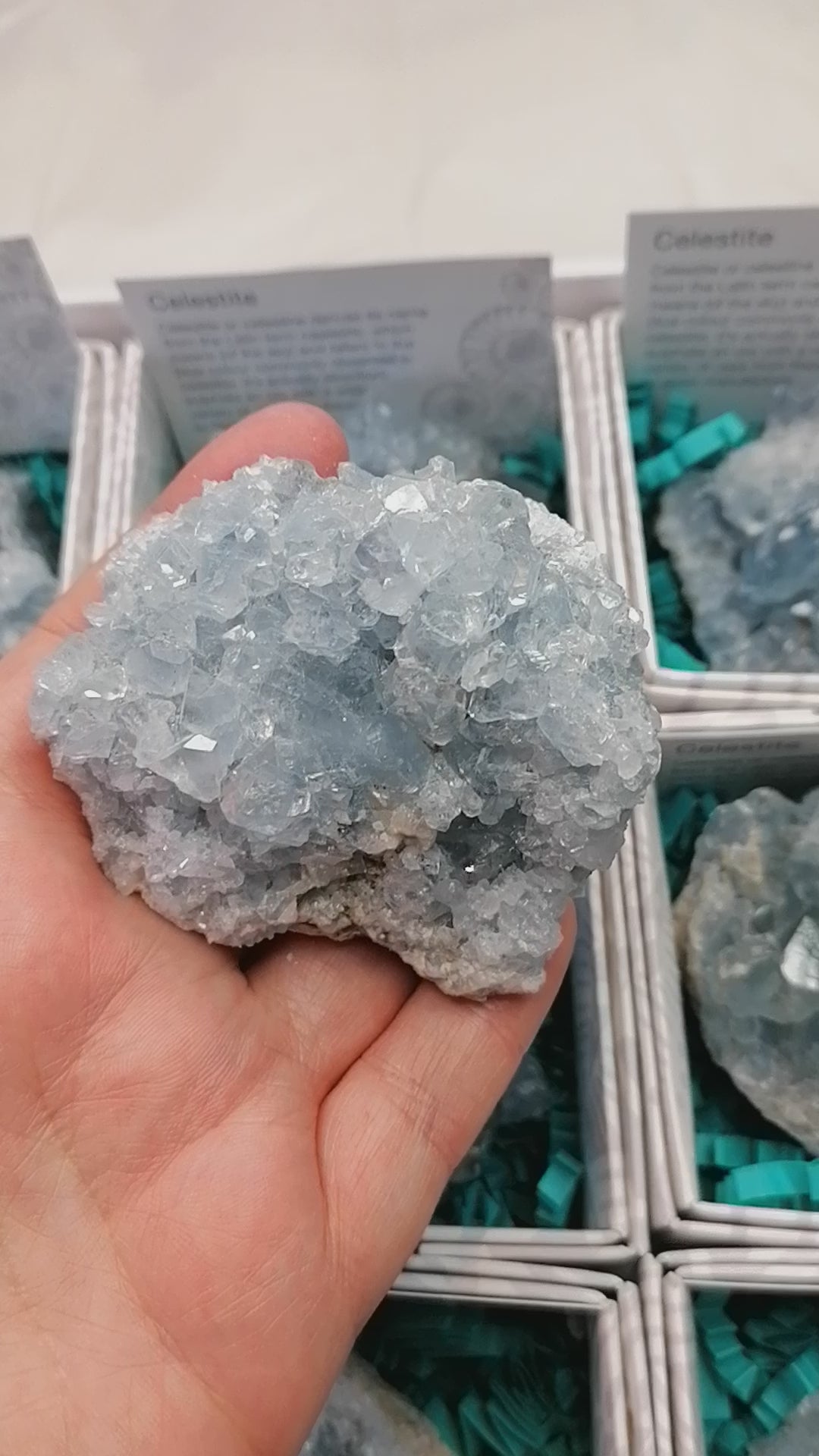 a video of a blue druzy celestite cluster sparkling in the light as it moves