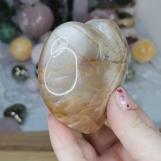 large peach moonstone heart with silver flash