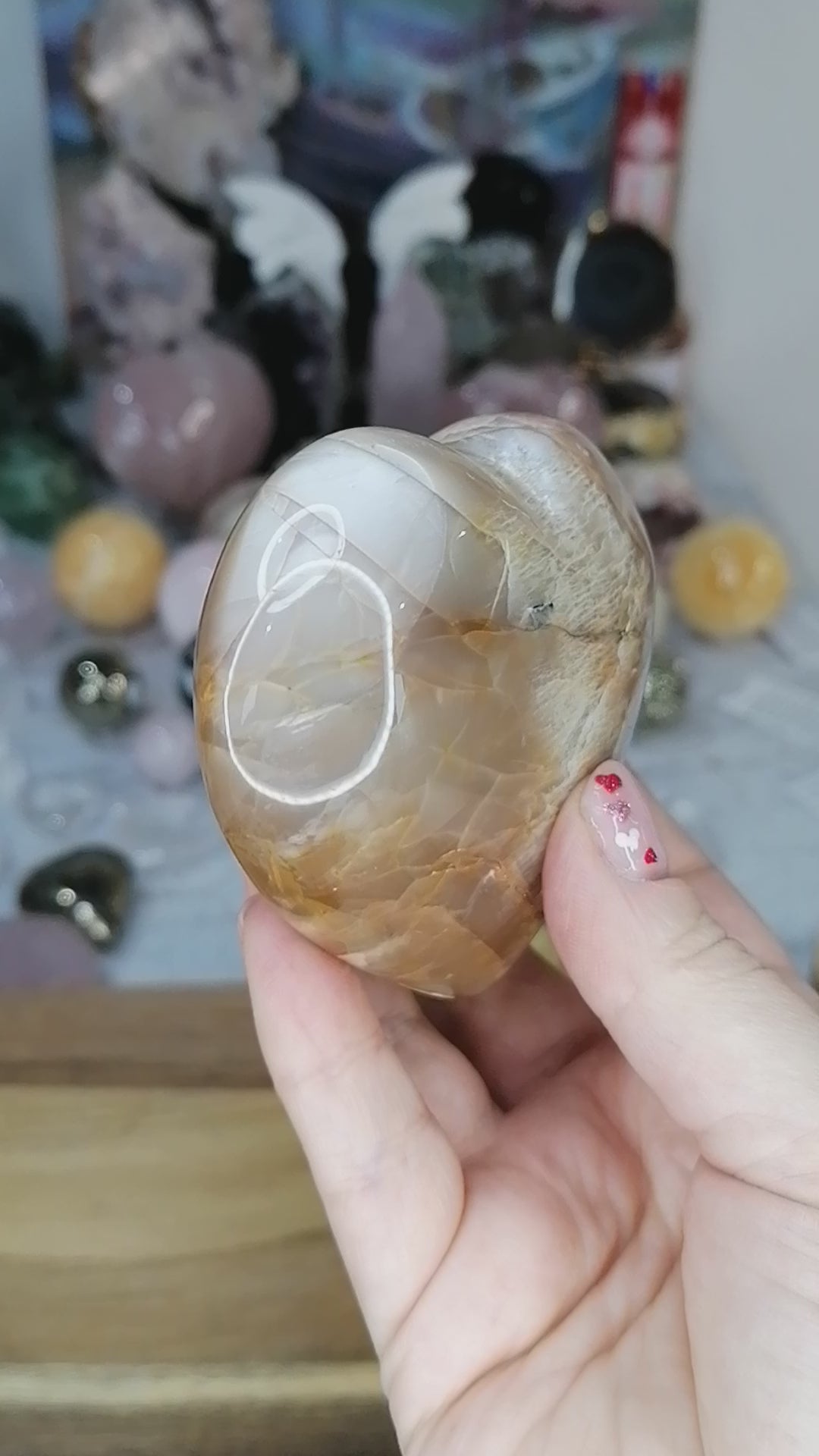 large peach moonstone heart with silver flash