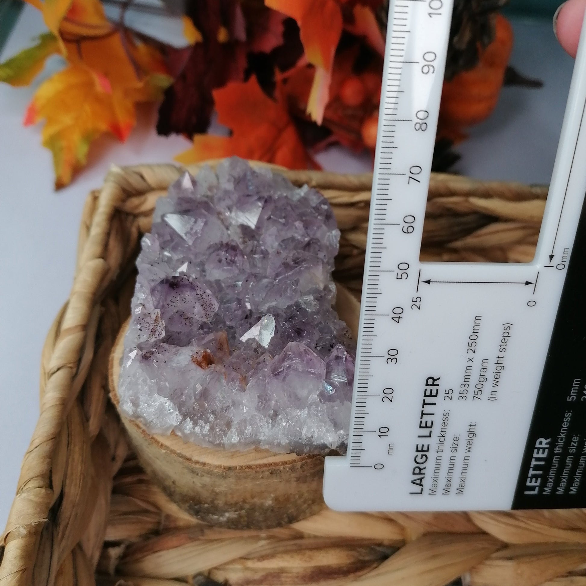 purple amethyst cluster next to ruler to show a height of 30mm