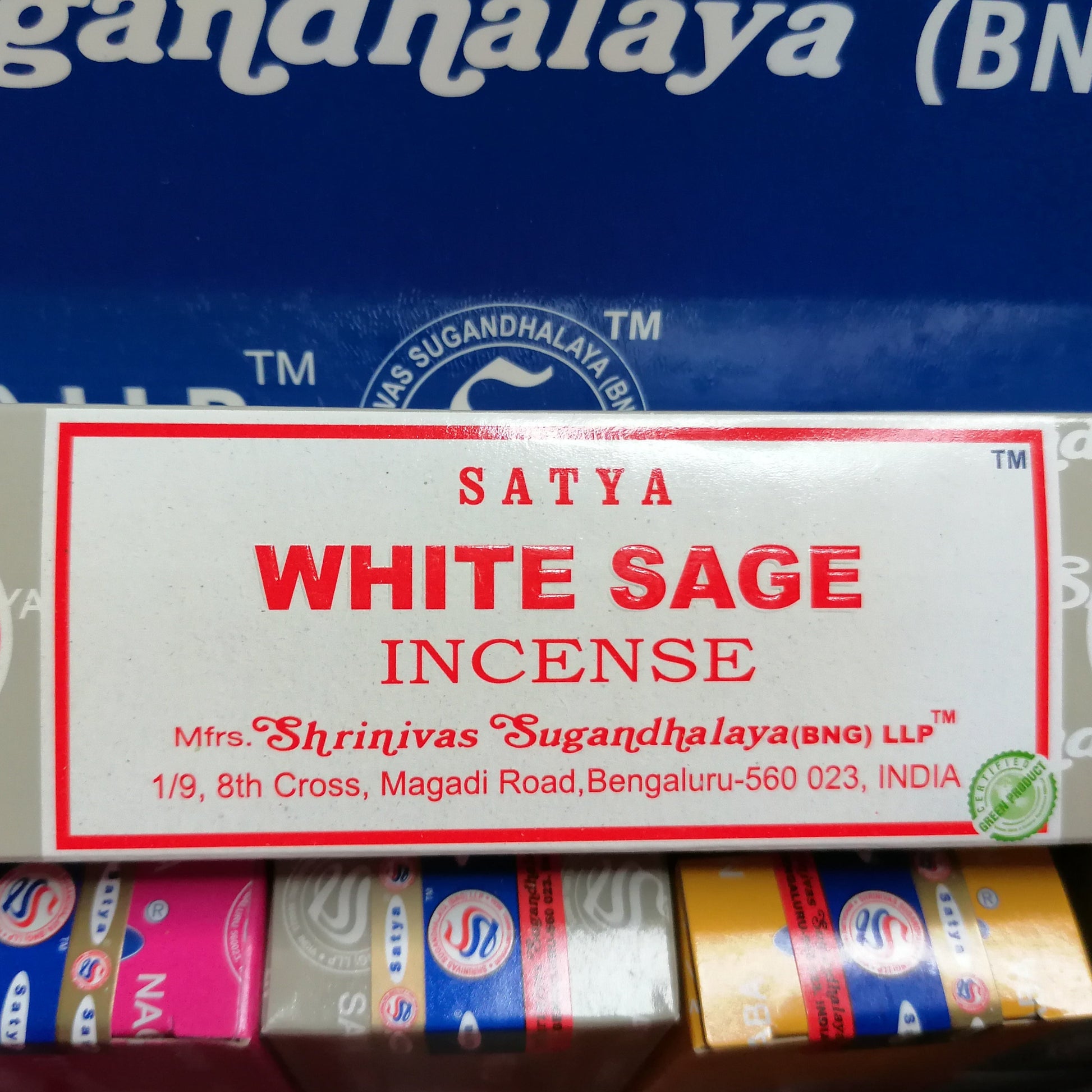 white sage Satya incense joss sticks in a in a grey box