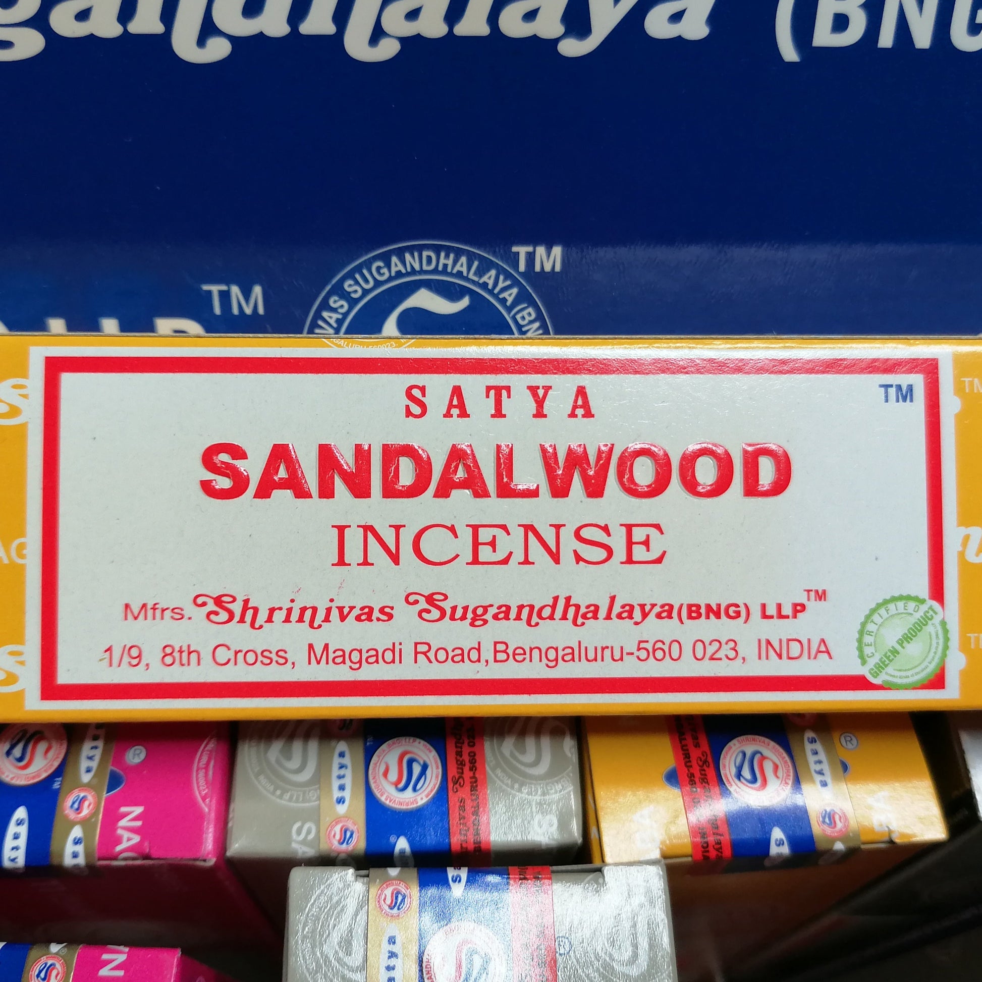 sandalwood Satya incense joss sticks in a yellow box