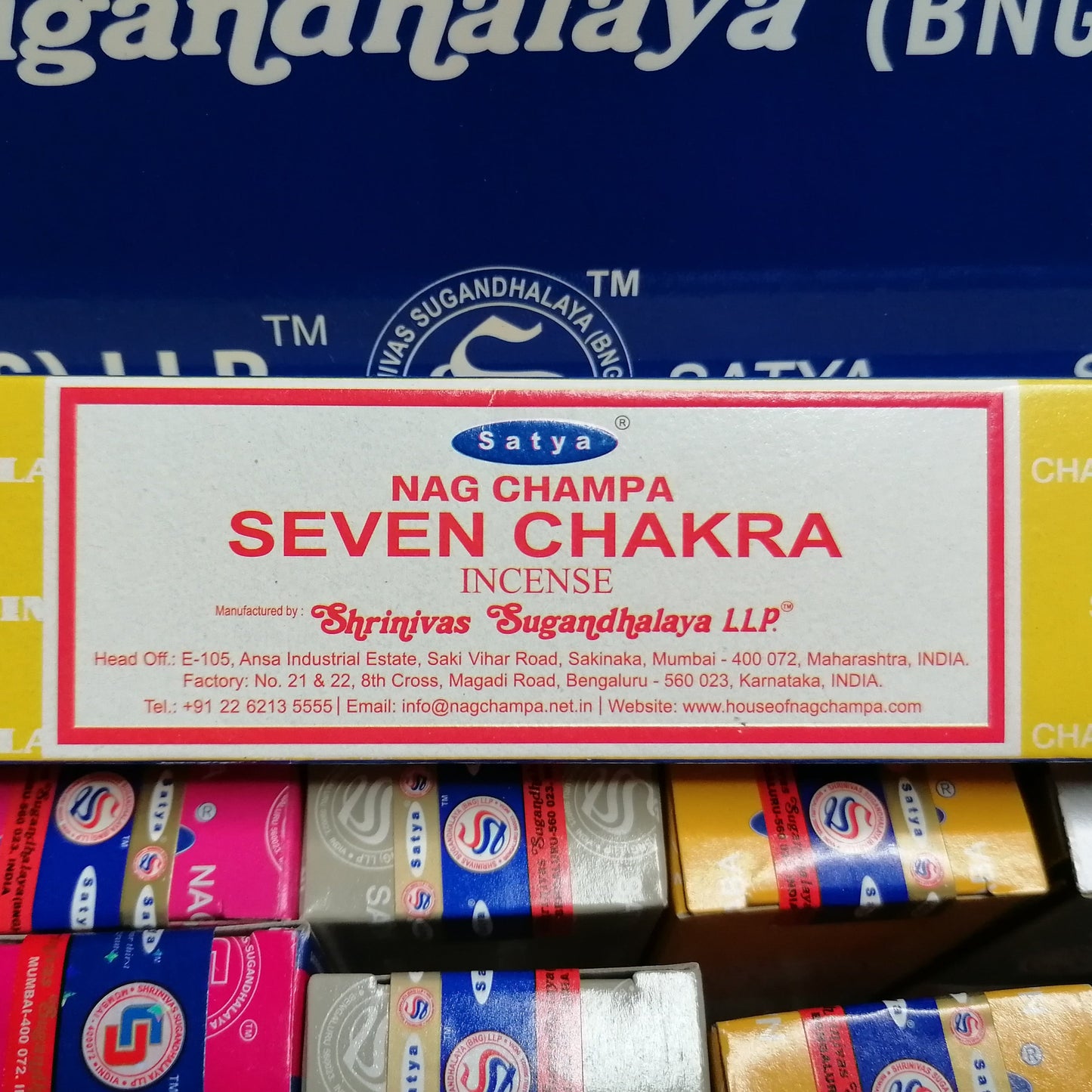 seven chakra Satya incense joss sticks in a yellow box