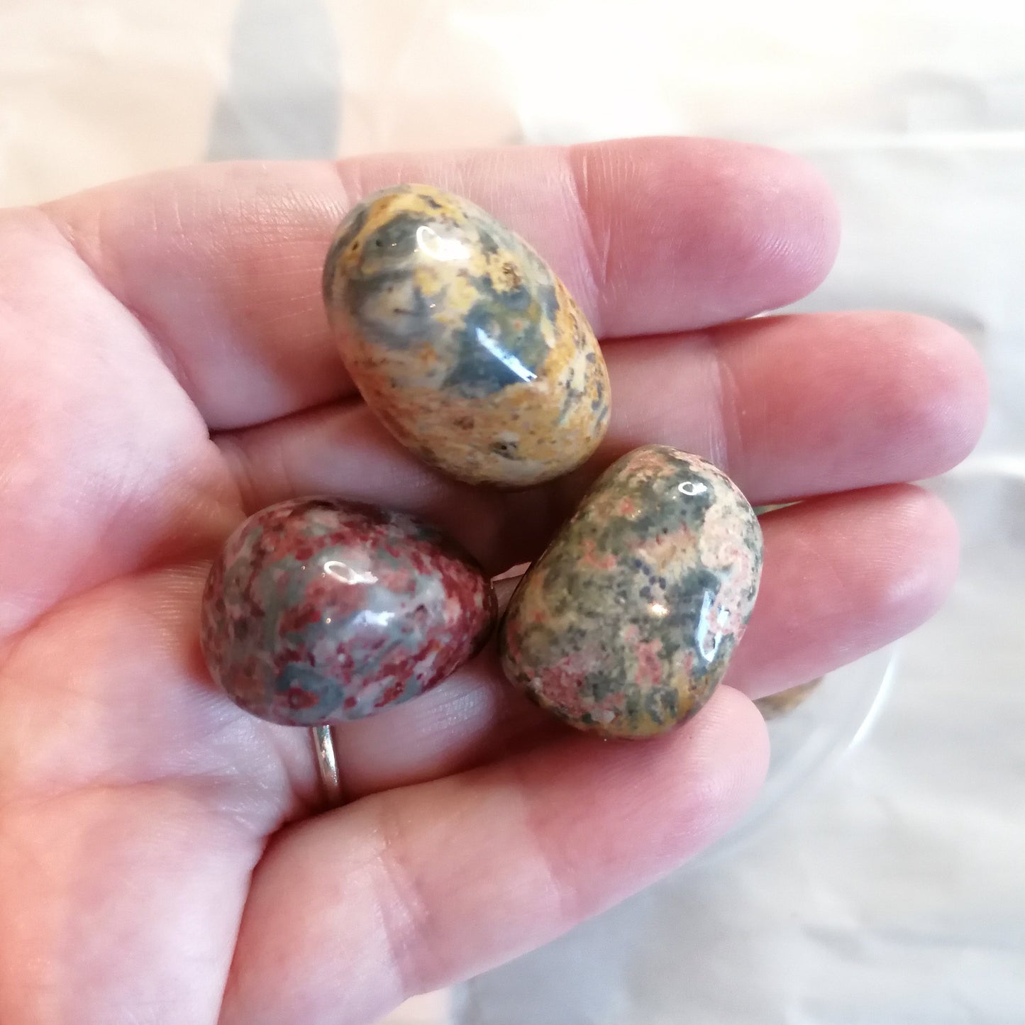 red, yellow and blue leopard skin jasper crystal tumblestones