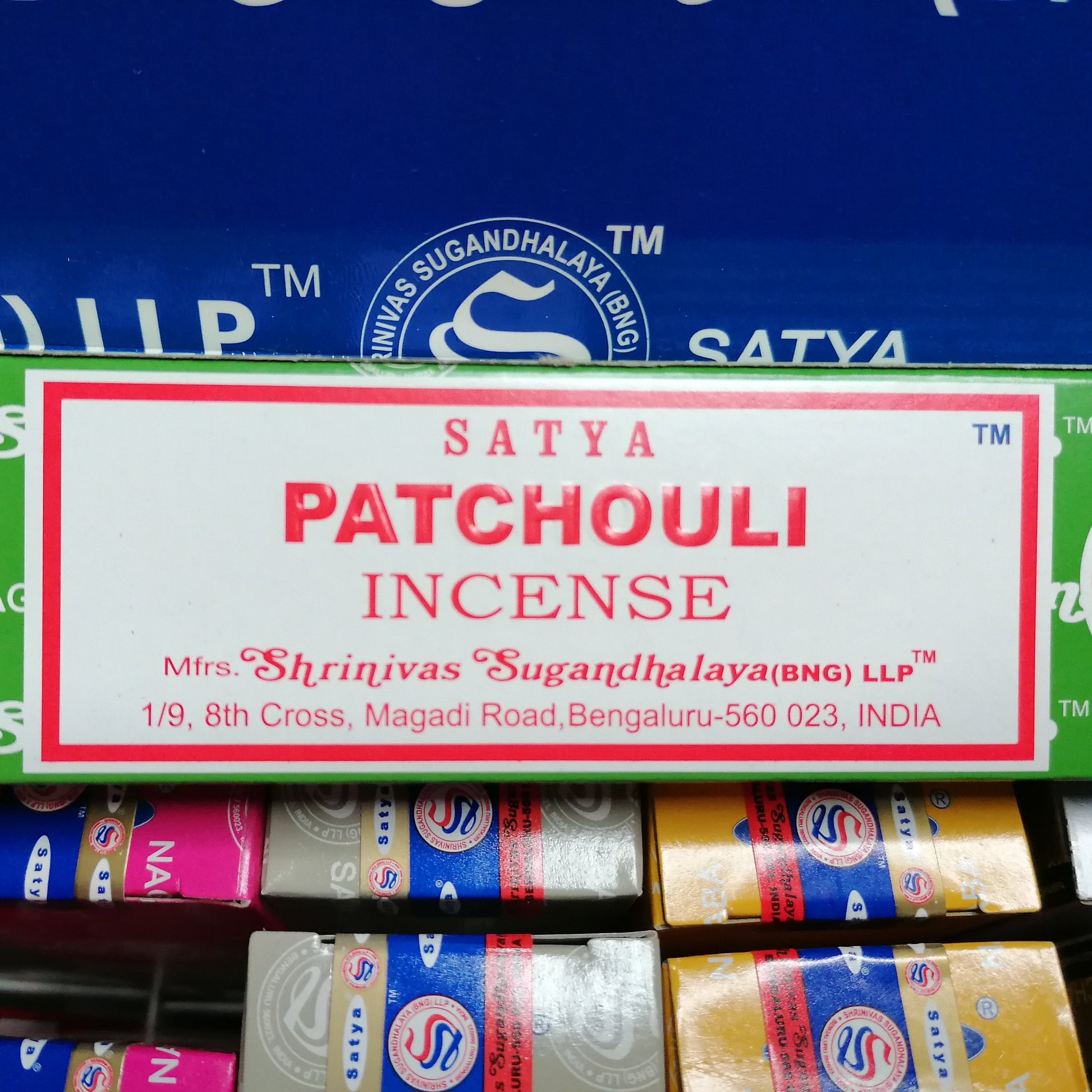 Patchouli Satya incense joss sticks in a green box