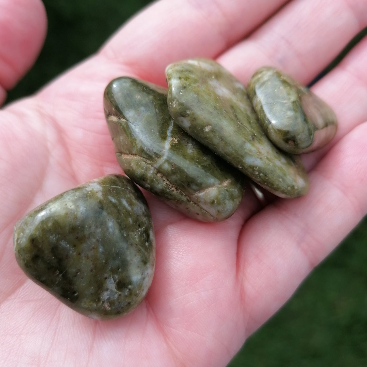 green and white epidot snowflake tumblestones