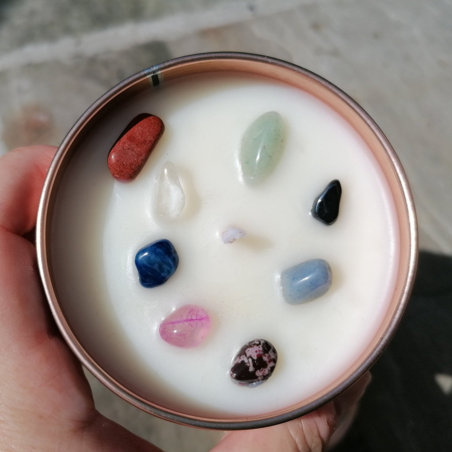 White candle in rose gold tin decorated with mixed colour crystal chips