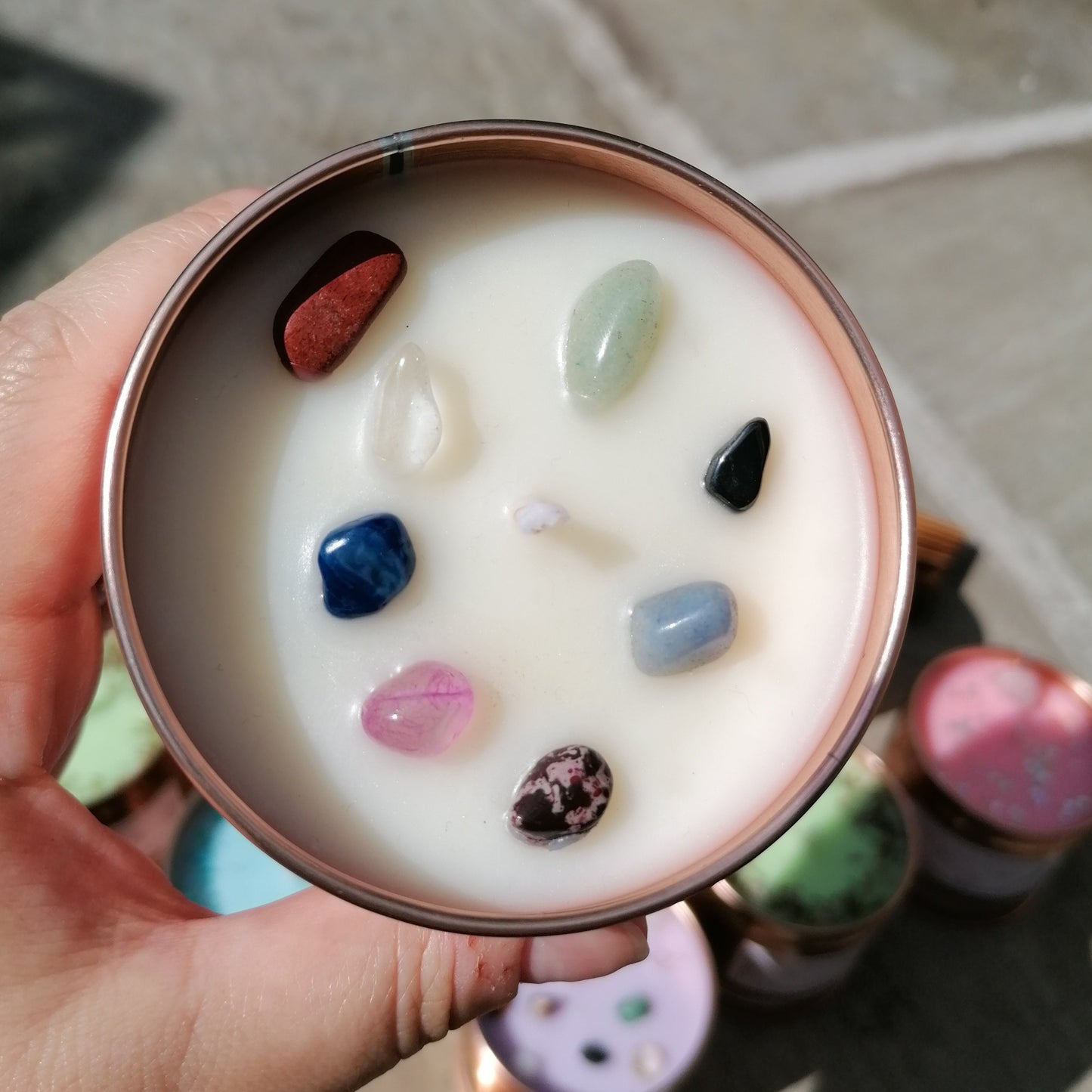 White candle in rose gold tin decorated with mixed colour crystal chips