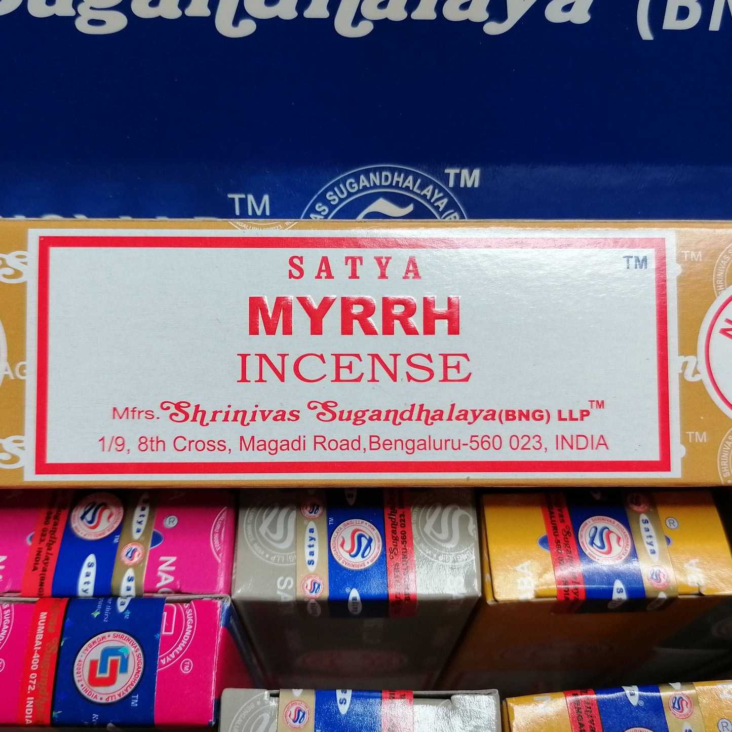 myrrh Satya incense joss sticks in a brown box