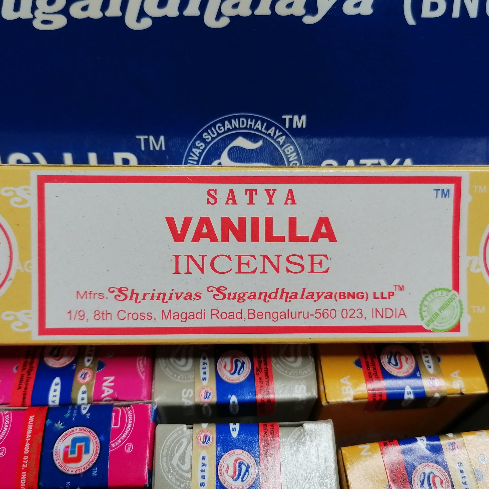 vanilla Satya incense joss sticks in a yellow box